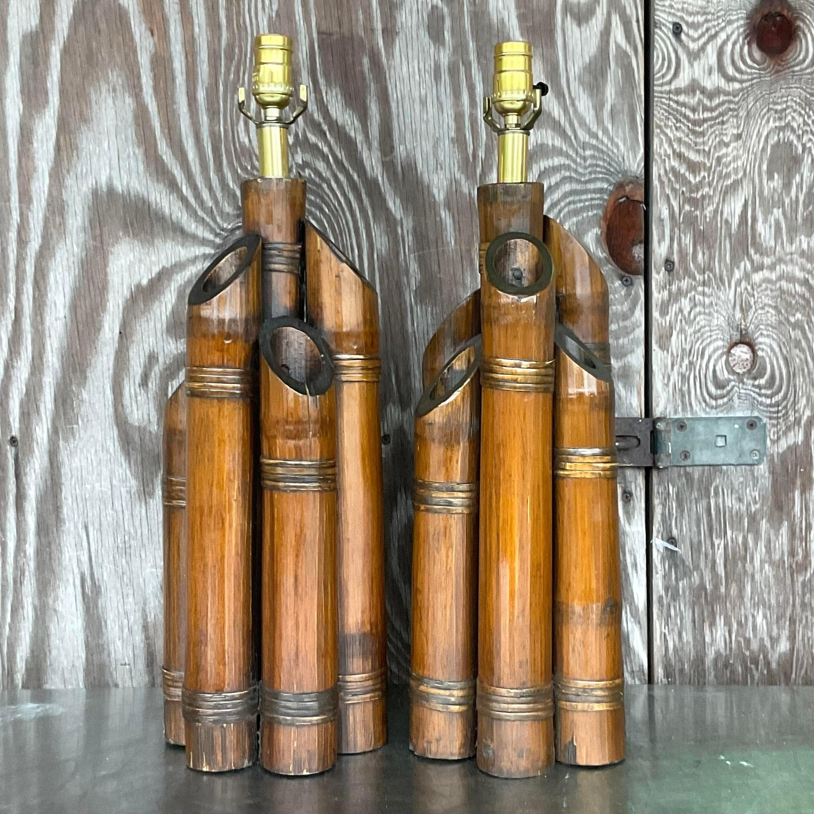 Philippine Vintage Coastal Bundled Bamboo Table Lamps - a Pair For Sale
