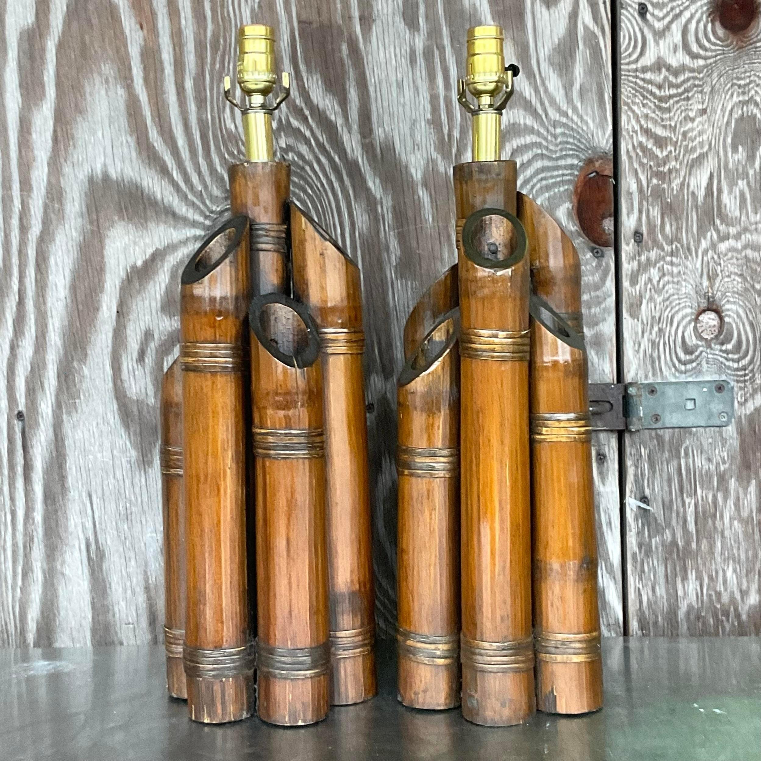 Vintage Coastal Bundled Bamboo Table Lamps - a Pair In Good Condition For Sale In west palm beach, FL