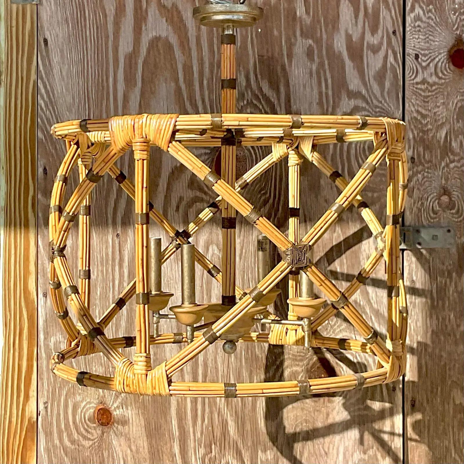 Vintage Coastal Bundled Rattan Curley and Co Chandelier In Good Condition In West Palm Beach, FL