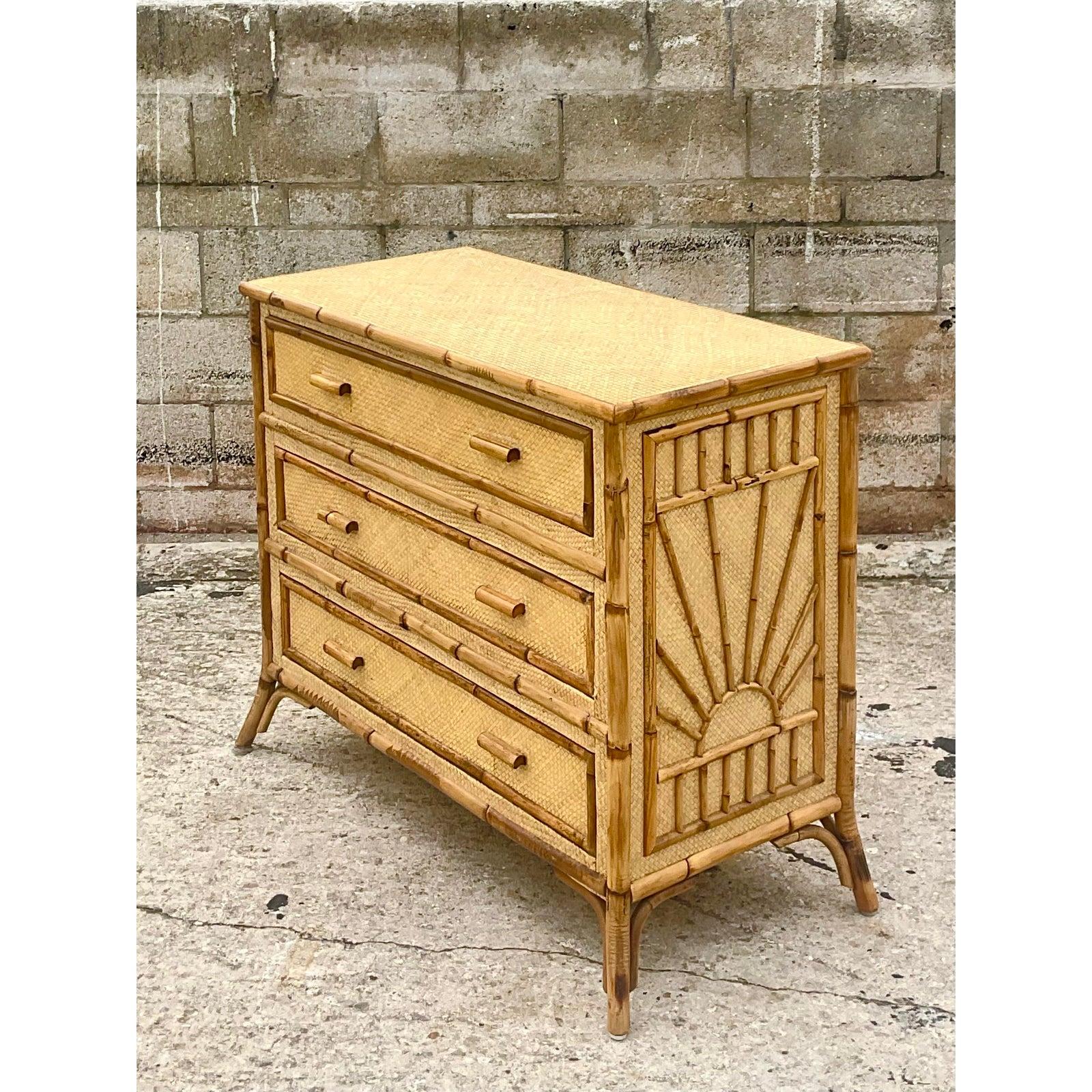 Vintage Coastal Burnt Bamboo and Woven Rattan Chest of Drawers 6