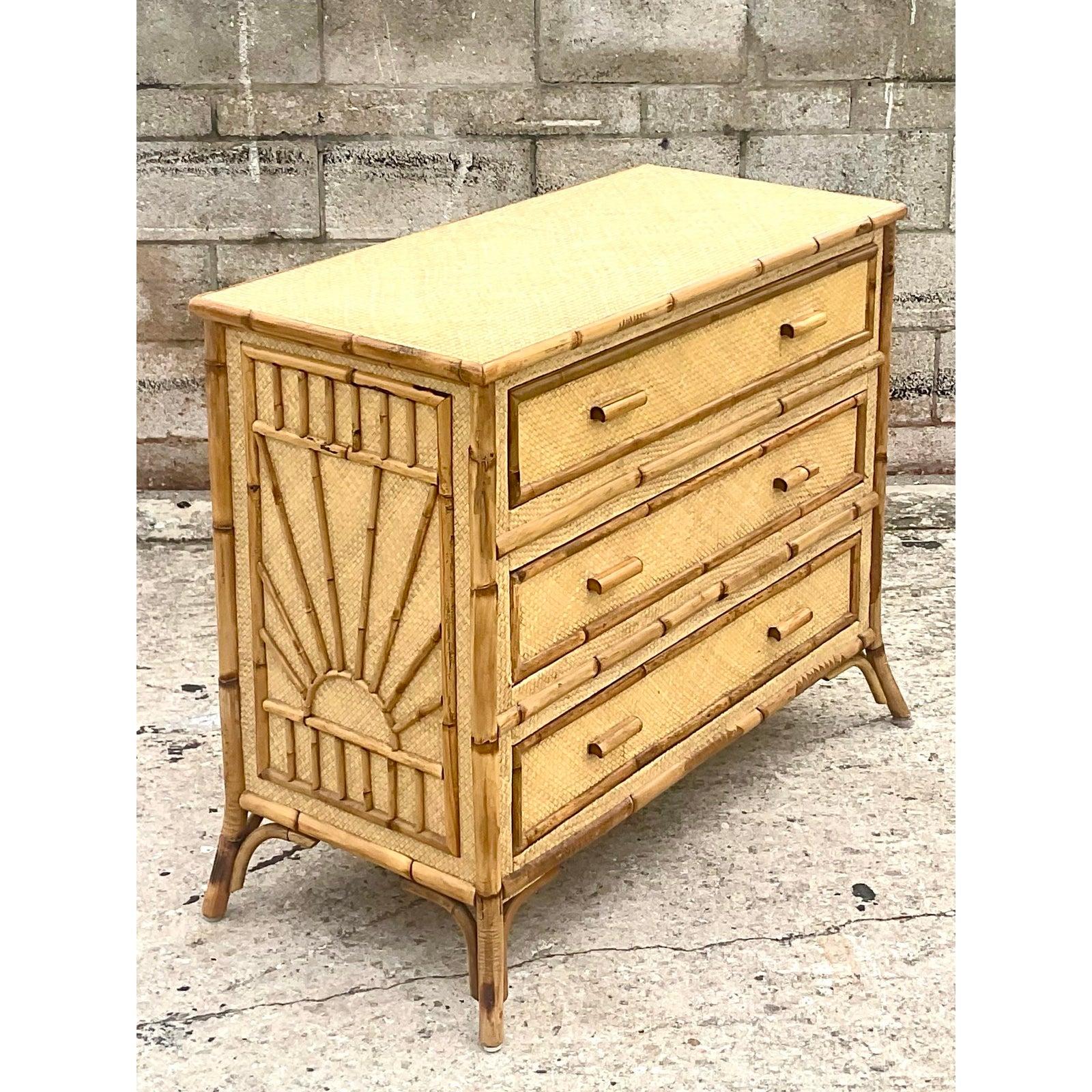 Philippine Vintage Coastal Burnt Bamboo and Woven Rattan Chest of Drawers
