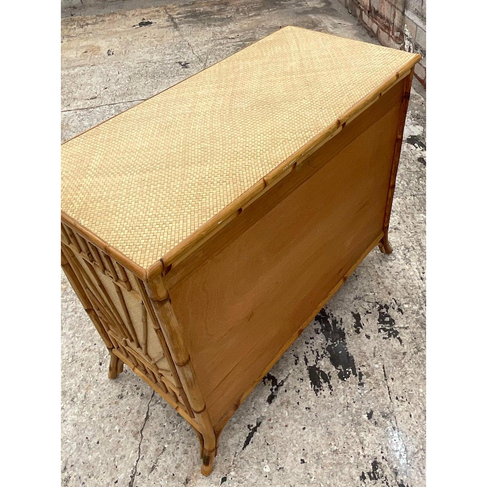 Vintage Coastal Burnt Bamboo and Woven Rattan Chest of Drawers In Good Condition In west palm beach, FL