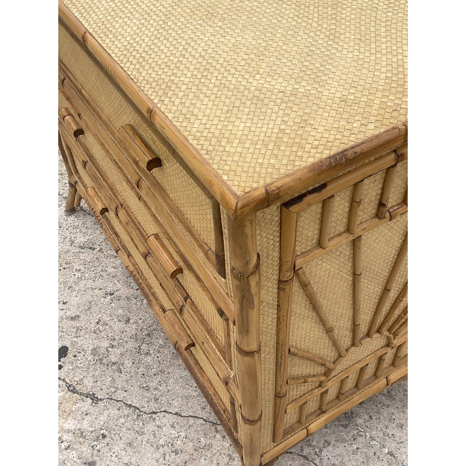 Vintage Coastal Burnt Bamboo and Woven Rattan Chest of Drawers 1