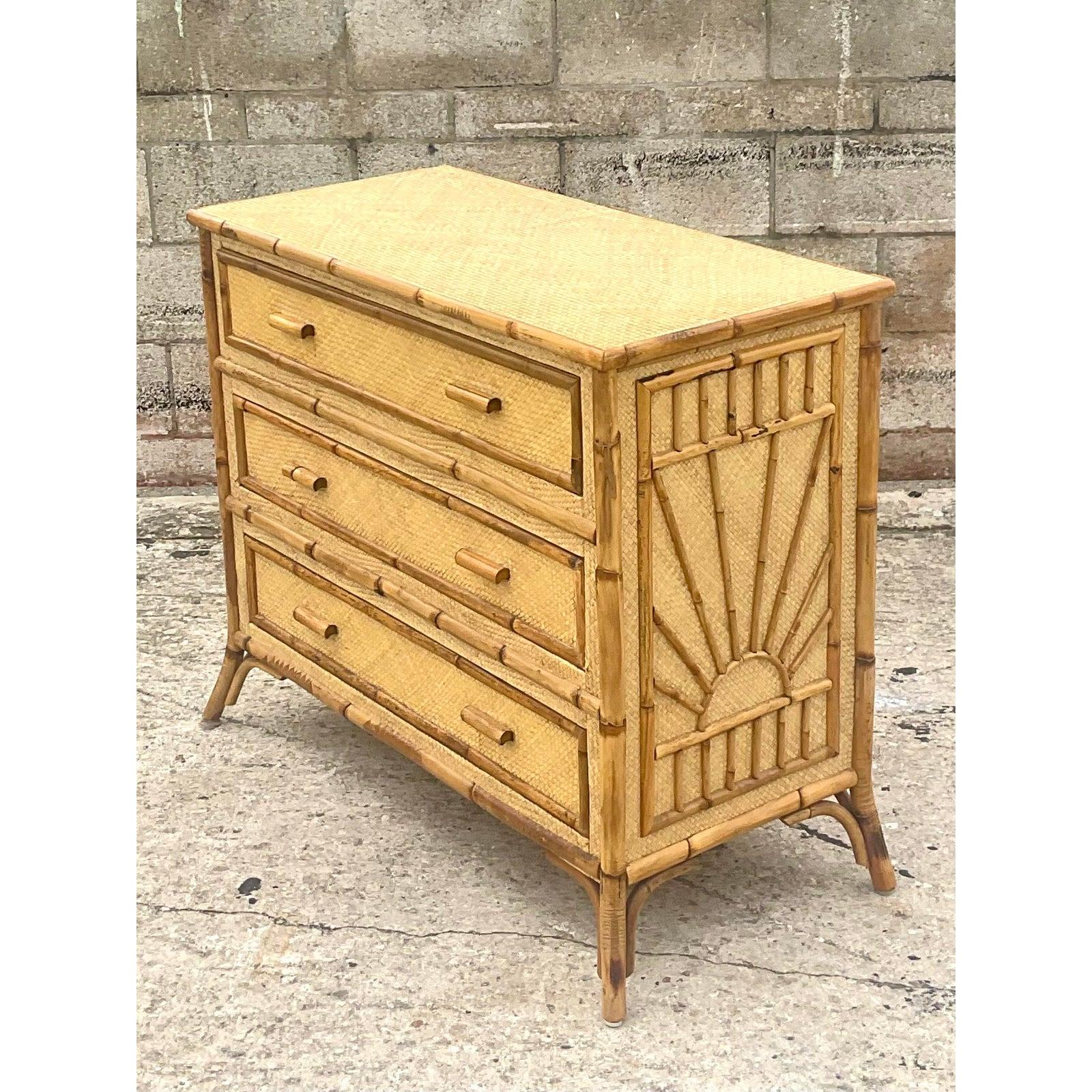 Vintage Coastal Burnt Bamboo and Woven Rattan Chest of Drawers 2