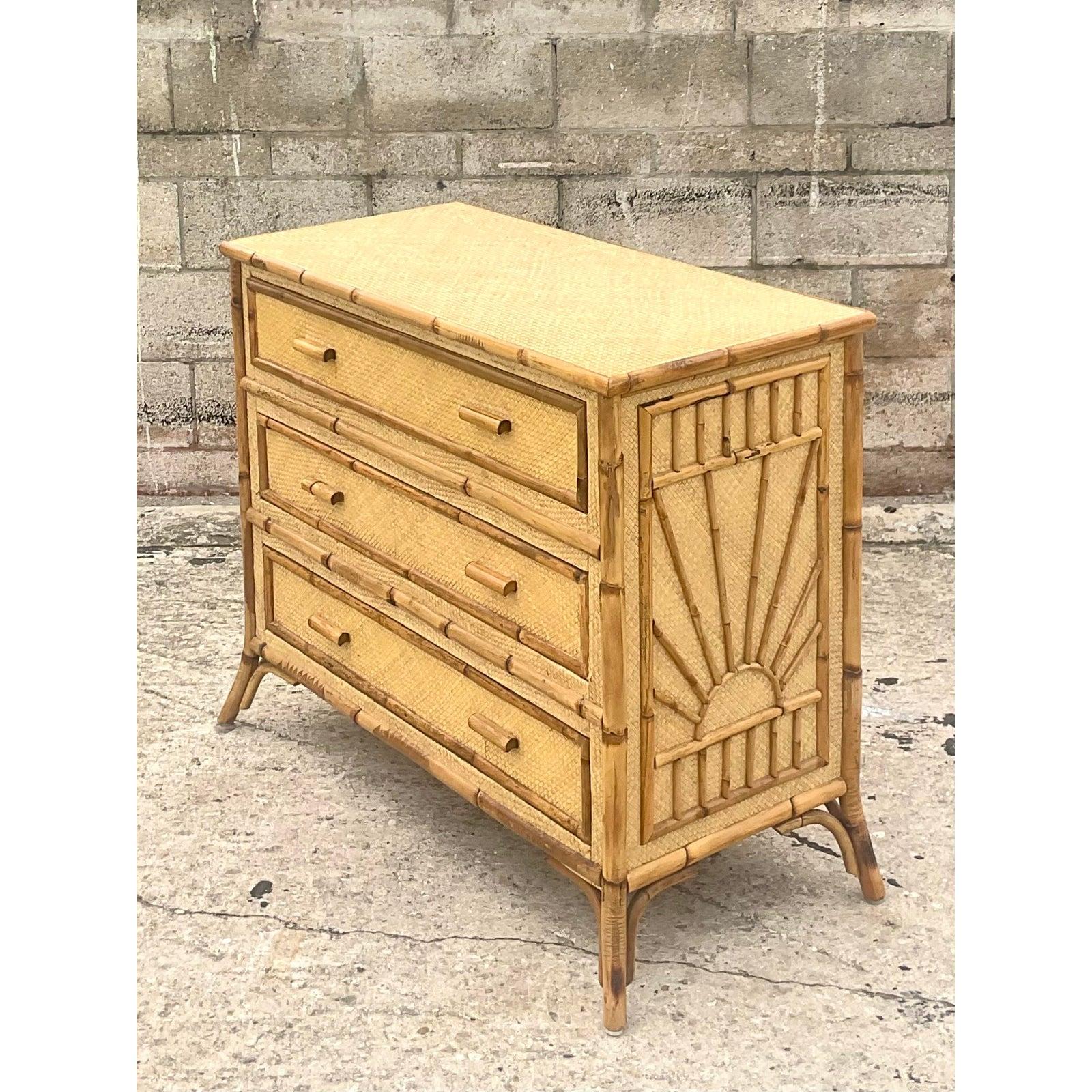 Vintage Coastal Burnt Bamboo and Woven Rattan Chest of Drawers 4