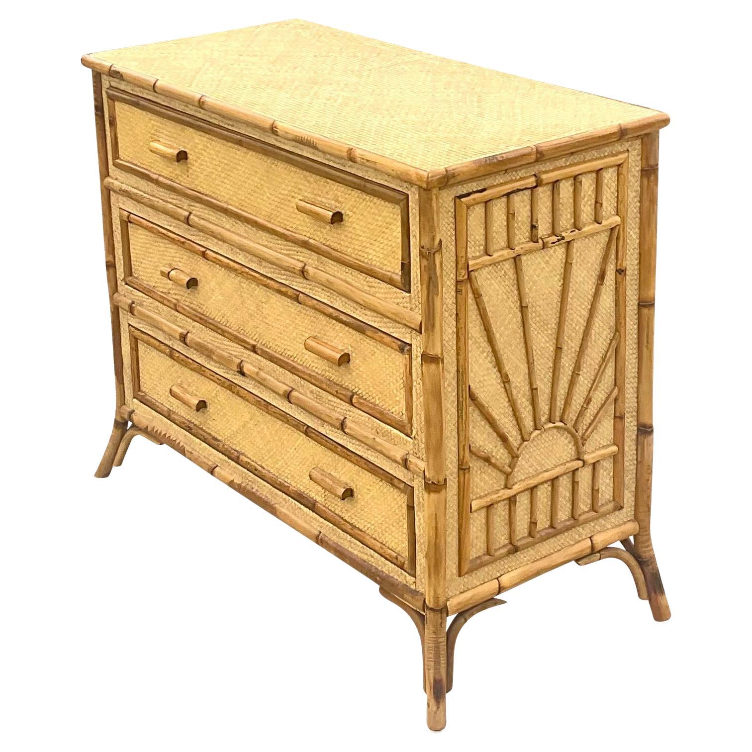 Vintage Coastal Burnt Bamboo and Woven Rattan Chest of Drawers