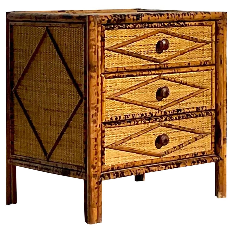 Vintage Coastal Burnt Bamboo Nightstand For Sale at 1stDibs