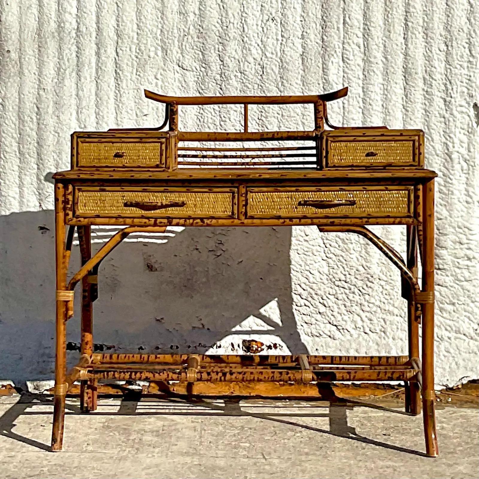 Vintage Coastal Burnt Bamboo Writing Desk In Good Condition In west palm beach, FL