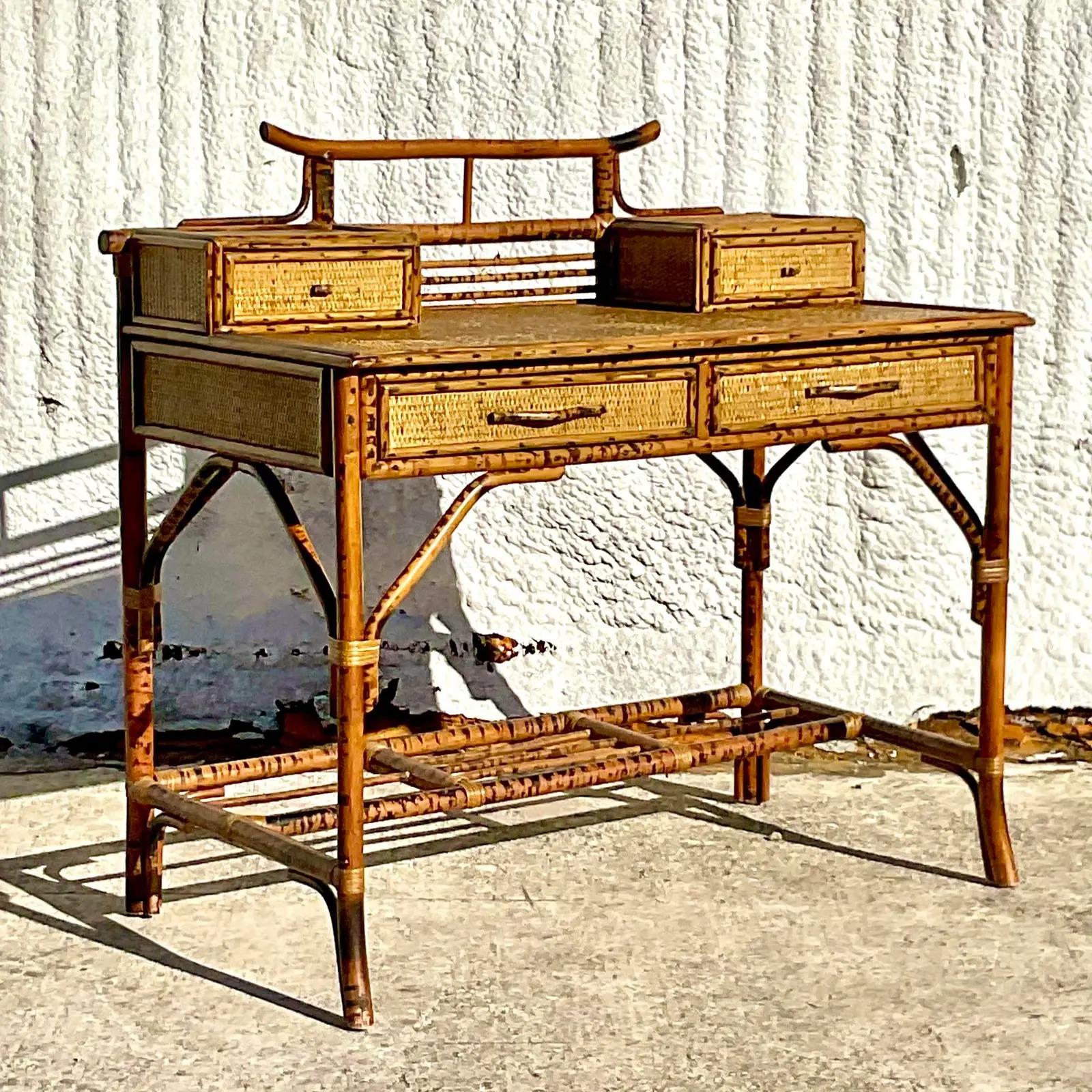 20th Century Vintage Coastal Burnt Bamboo Writing Desk