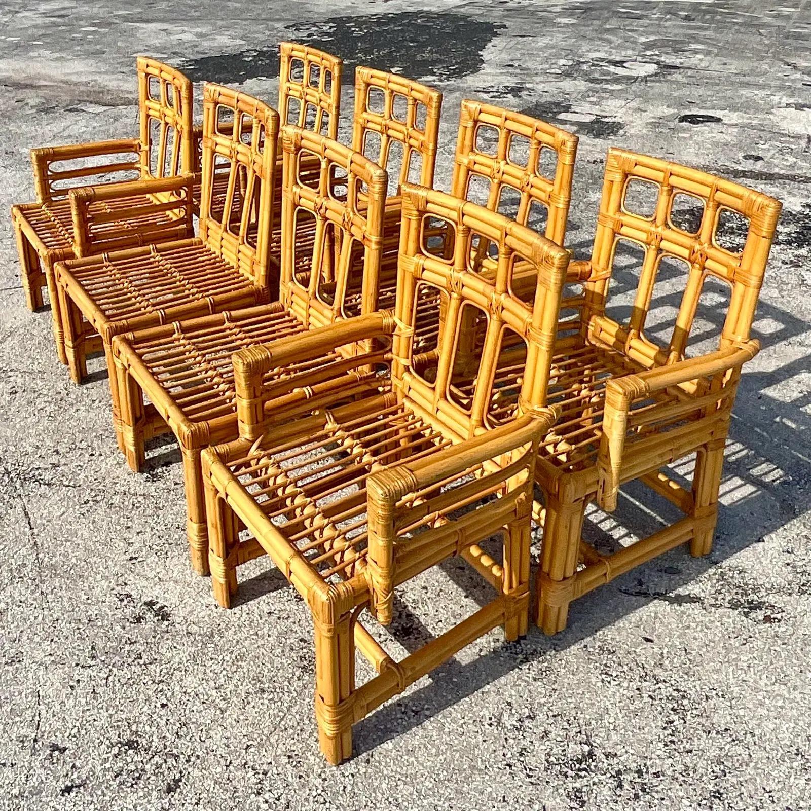 Philippine Vintage Coastal Calif-Asia Bent Rattan Dining Chairs, Set of 8