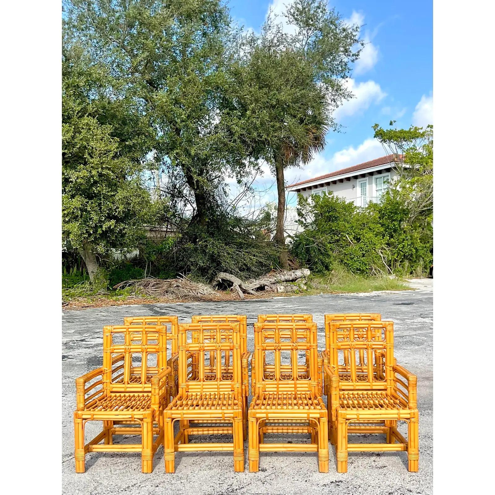 Vintage Coastal Calif-Asia Bent Rattan Dining Chairs, Set of 8 In Good Condition In west palm beach, FL