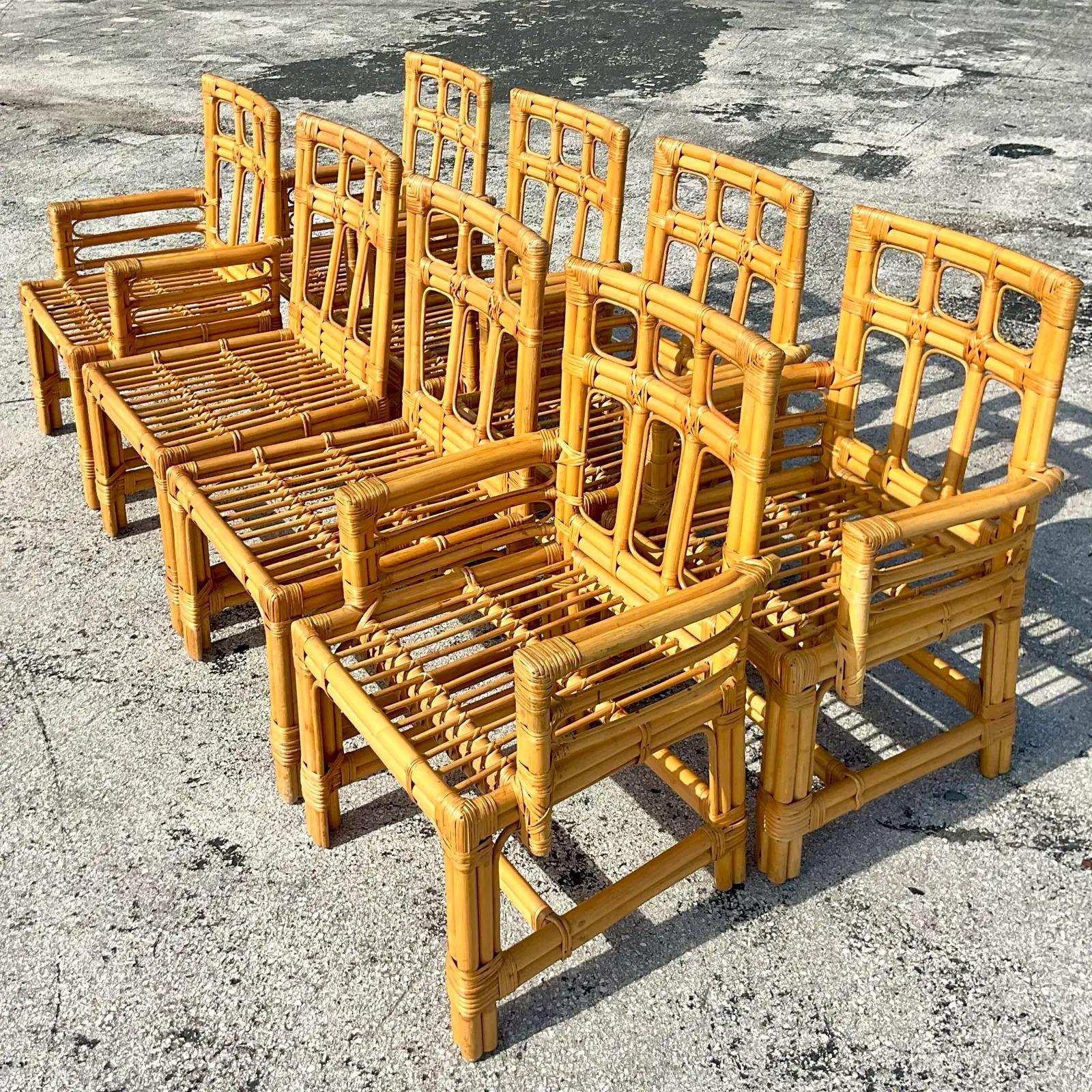 Vintage Coastal Calif-Asia Bent Rattan Dining Chairs, Set of 8 1