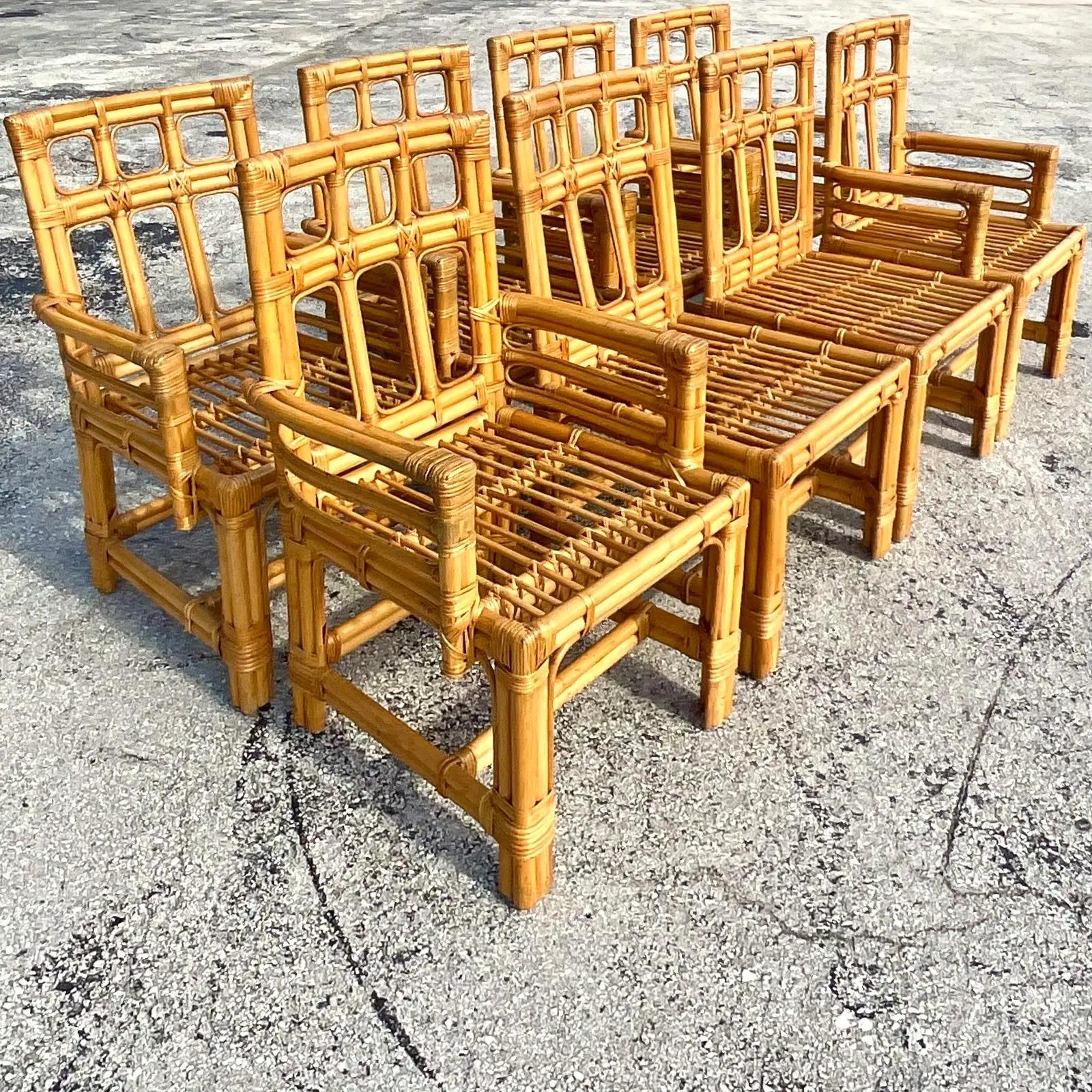 Vintage Coastal Calif-Asia Bent Rattan Dining Chairs, Set of 8 2