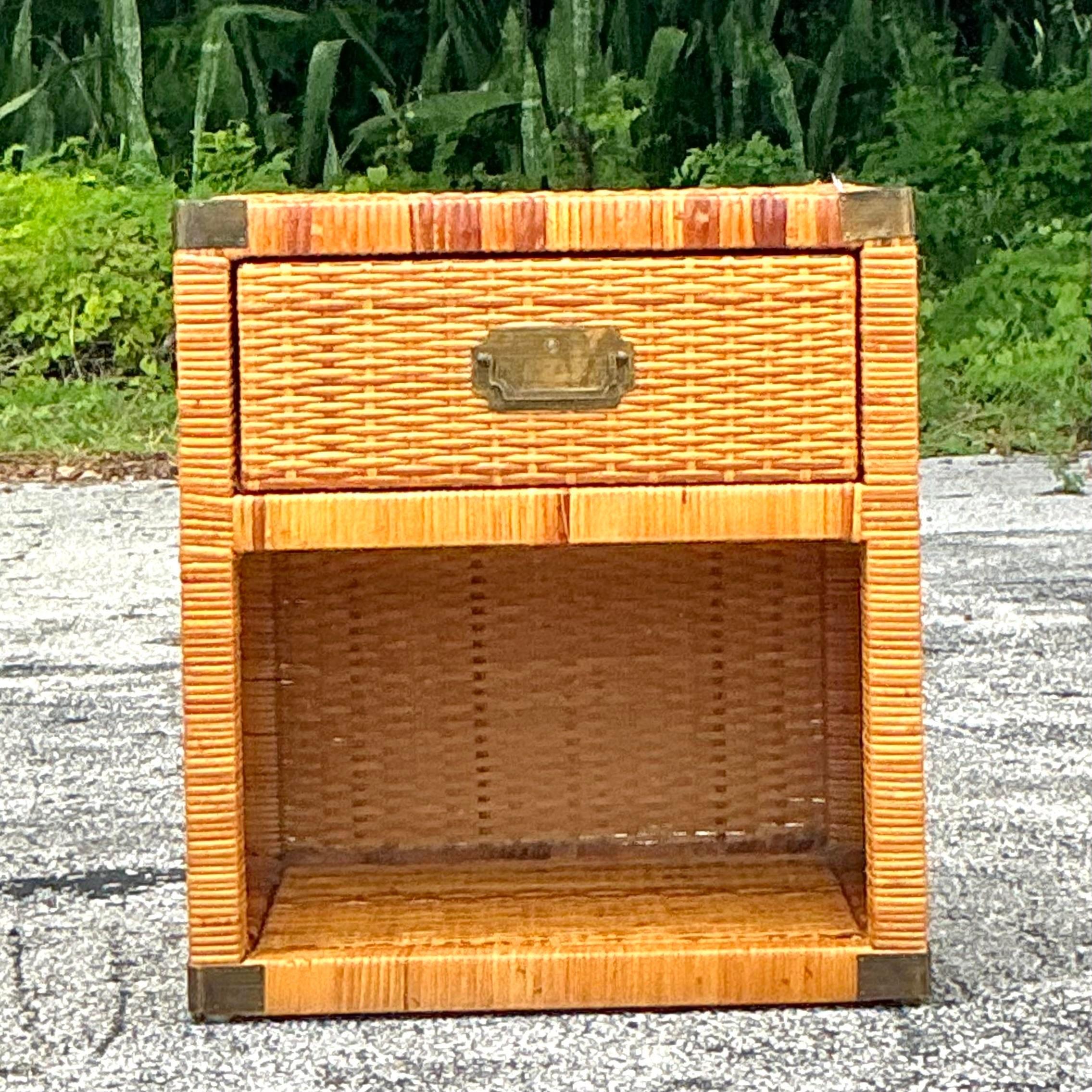 Philippine Vintage Coastal Campaign Woven Rattan Nightstand For Sale
