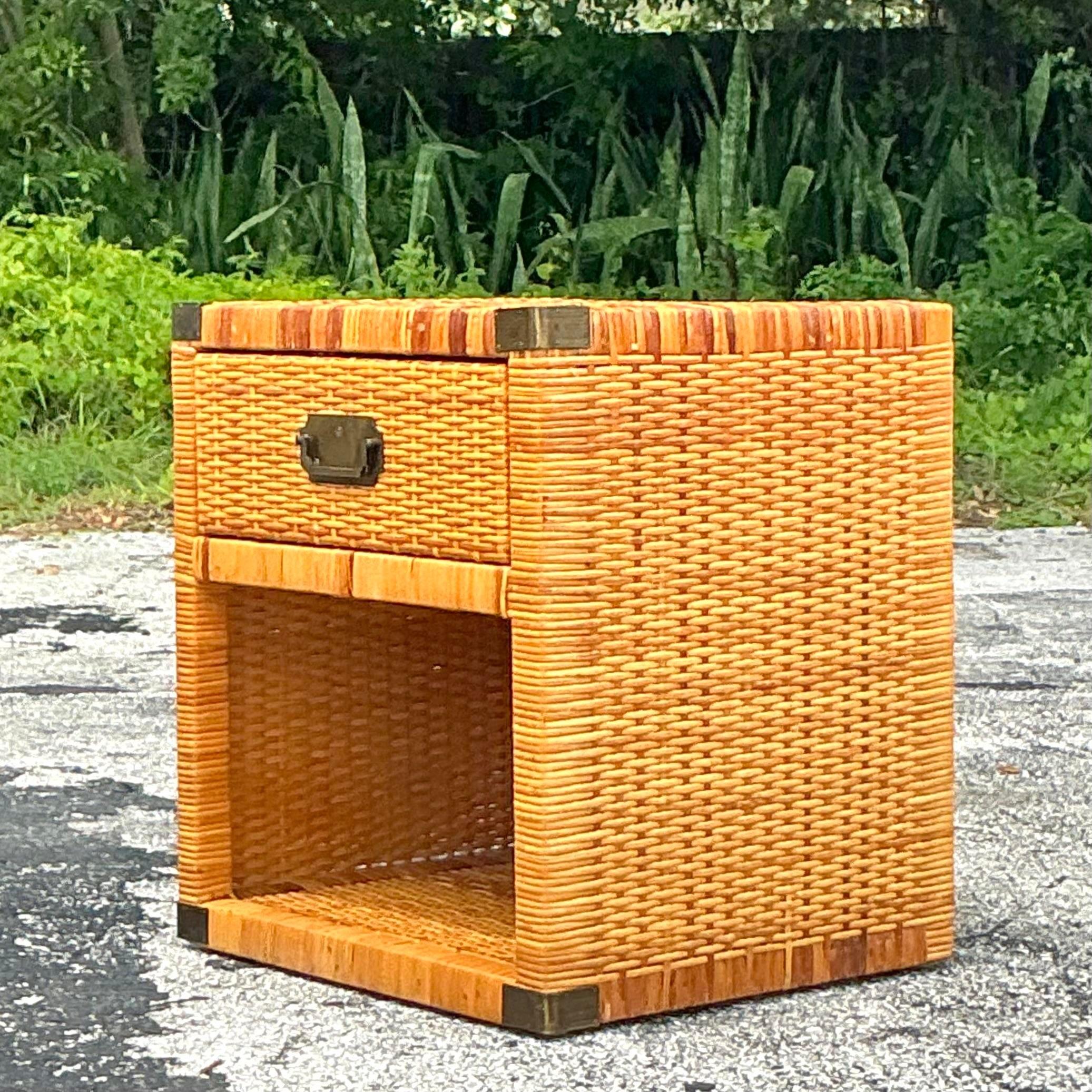 Vintage Coastal Campaign Woven Rattan Nightstand In Good Condition For Sale In west palm beach, FL