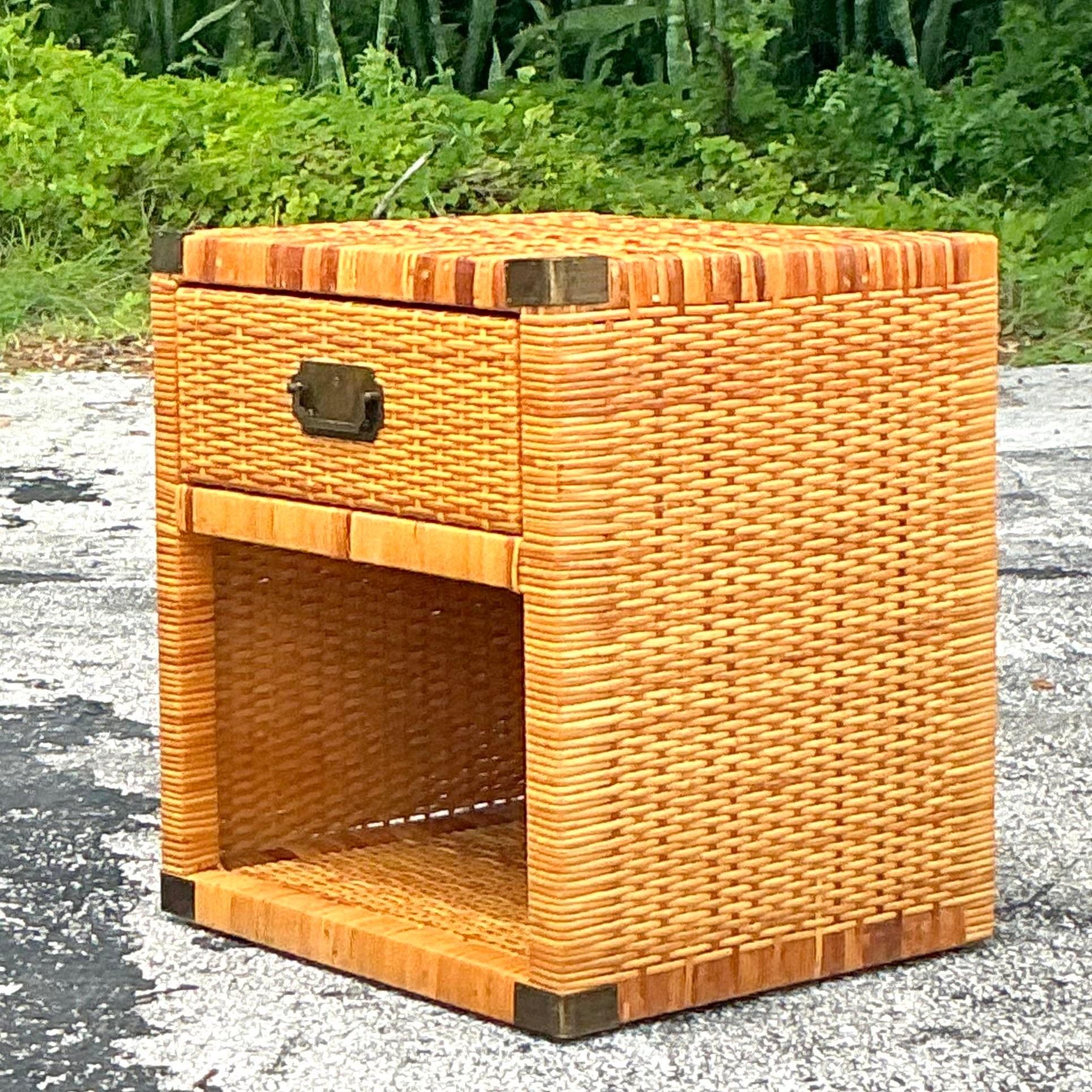 20th Century Vintage Coastal Campaign Woven Rattan Nightstand For Sale