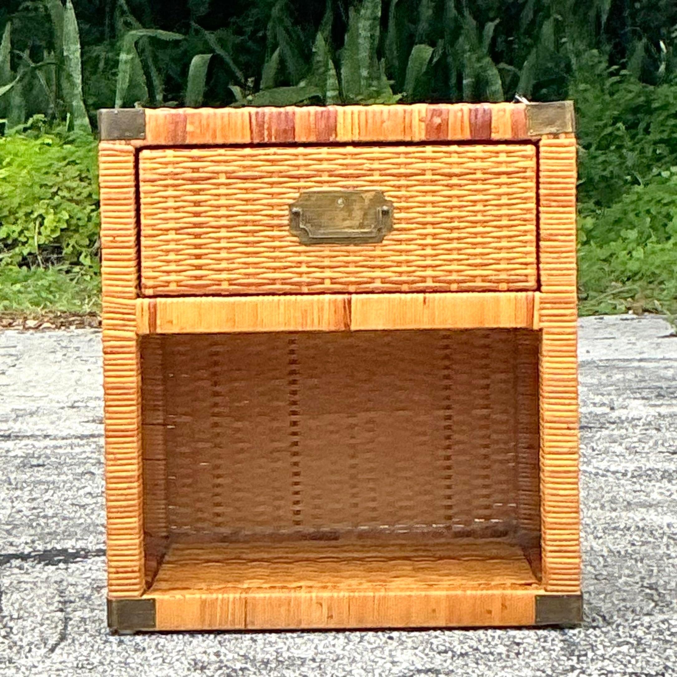 Metal Vintage Coastal Campaign Woven Rattan Nightstand For Sale