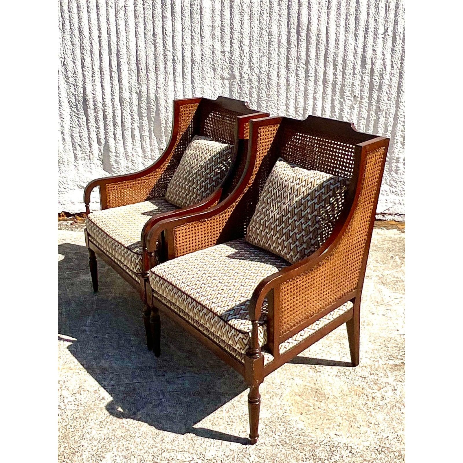 Vintage Coastal Cane David Hicks Wingback Chairs, a Pair 4