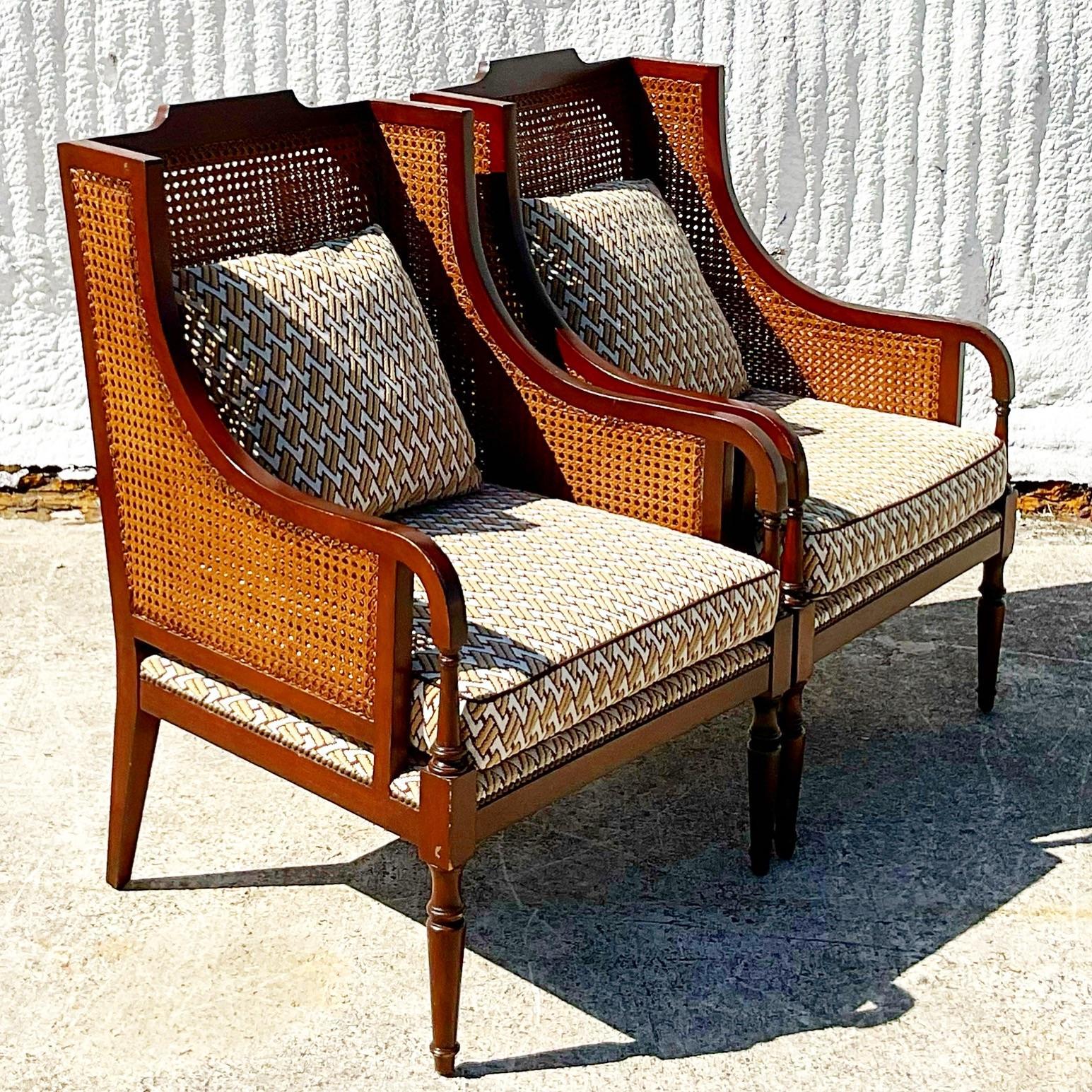 Vintage Coastal Cane David Hicks Wingback Chairs, a Pair In Good Condition In west palm beach, FL