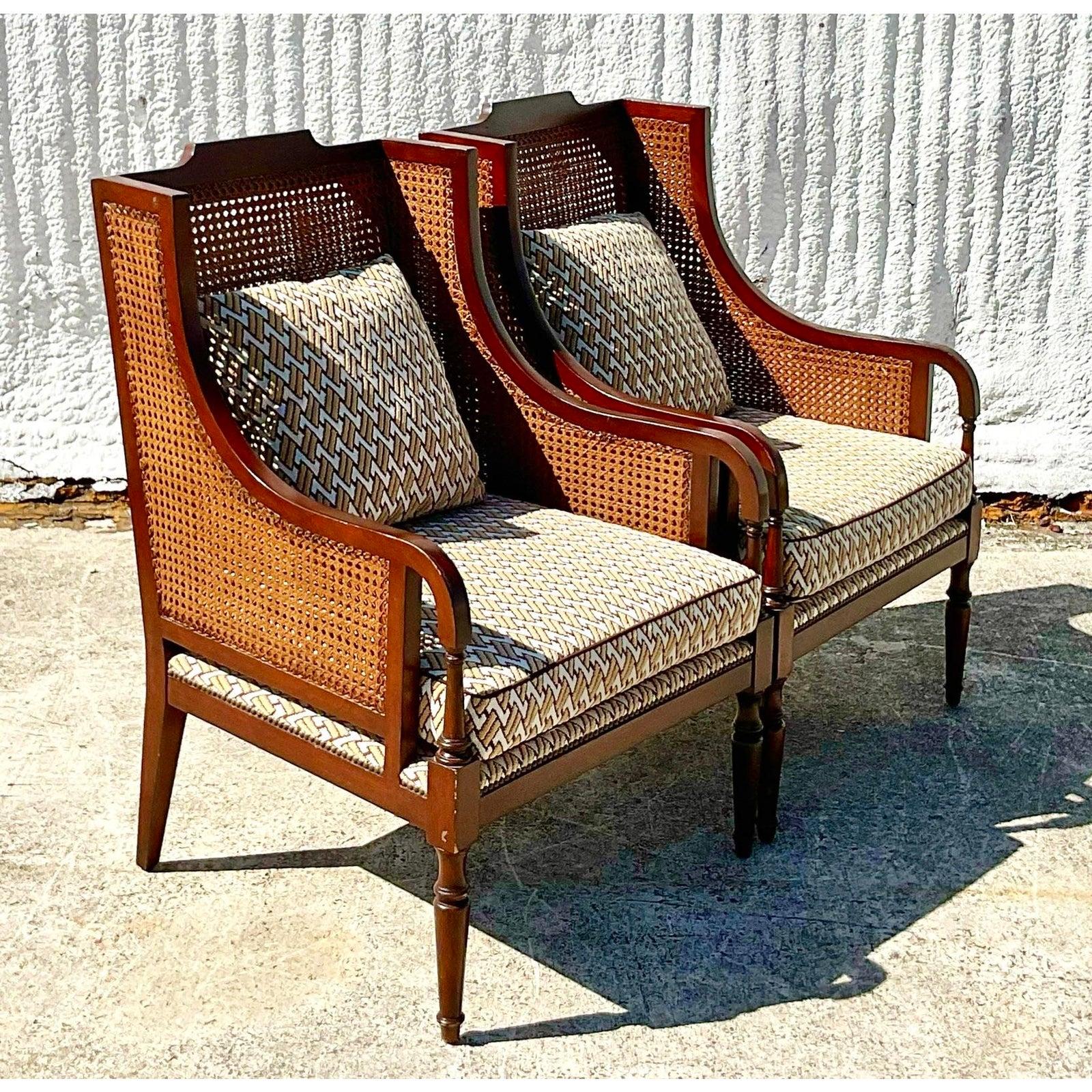 Fabric Vintage Coastal Cane David Hicks Wingback Chairs, a Pair