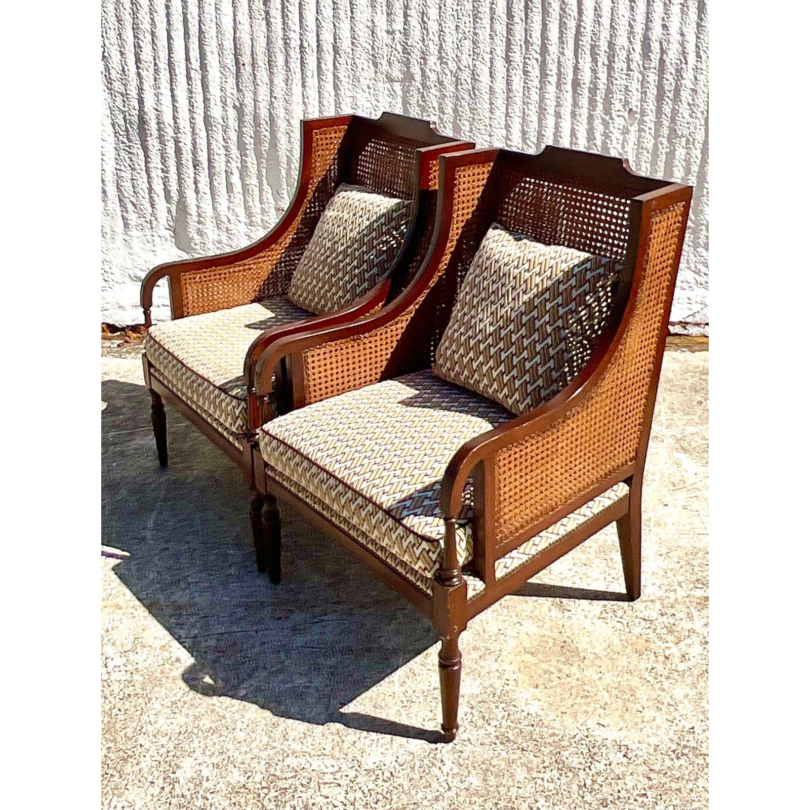 Vintage Coastal Cane David Hicks Wingback Chairs, a Pair 3