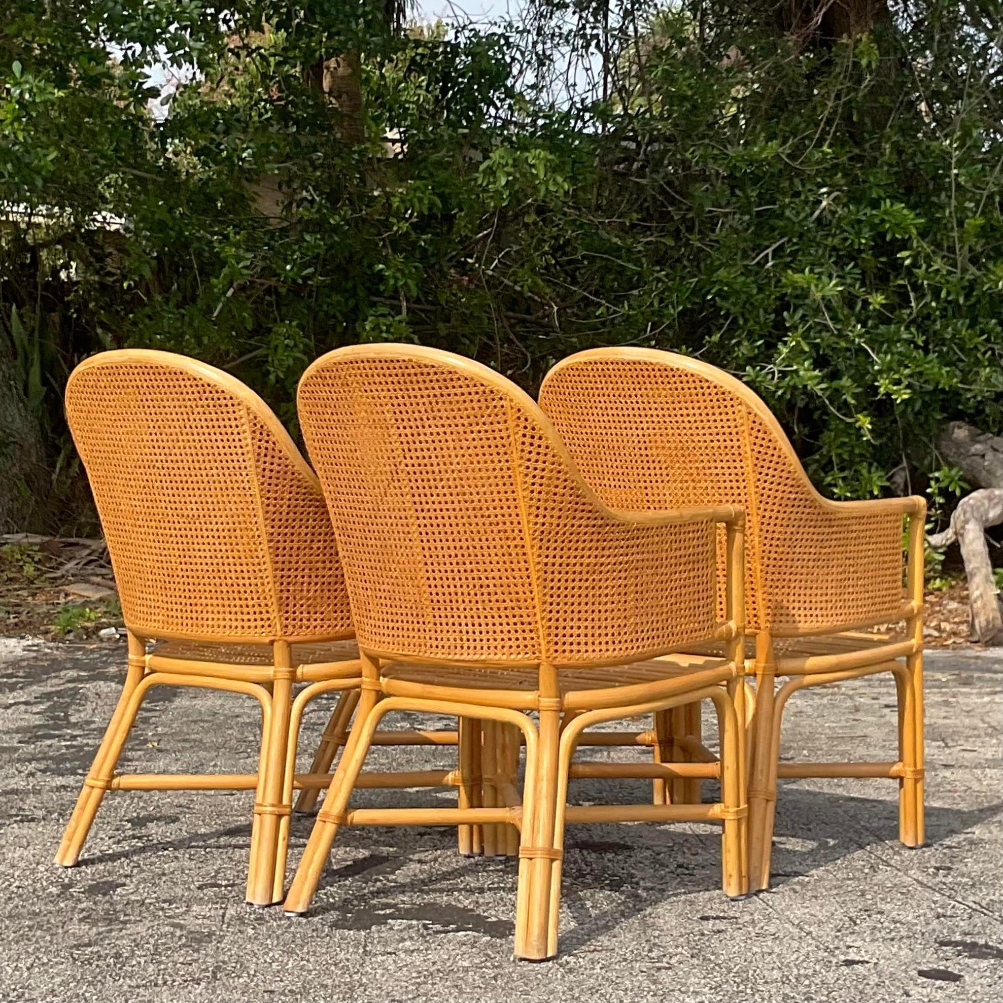 Philippine Vintage Coastal Cane Rattan Dining Chairs After McGuire - Set of 4