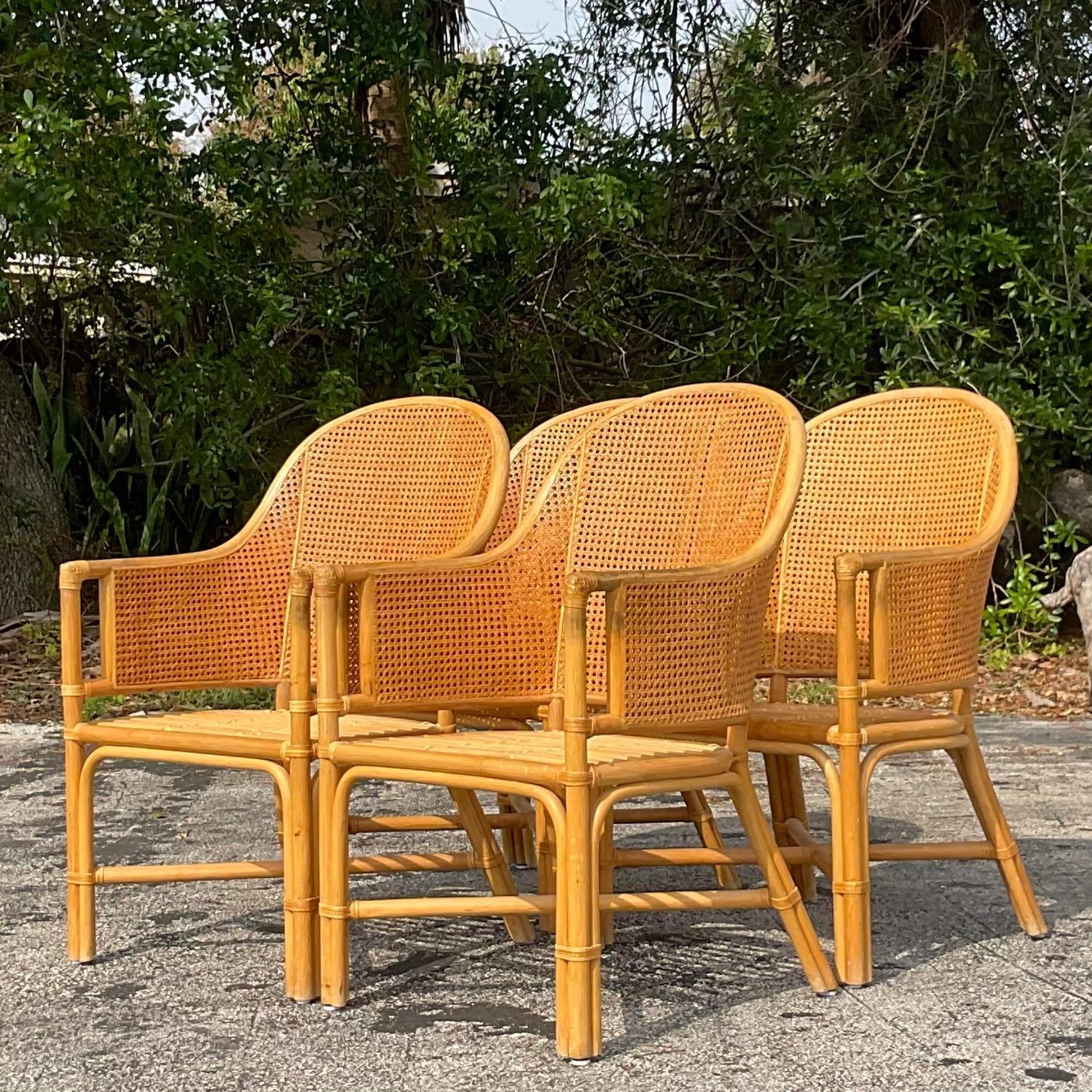 Vintage Coastal Cane Rattan Dining Chairs After McGuire - Set of 4 In Good Condition In west palm beach, FL