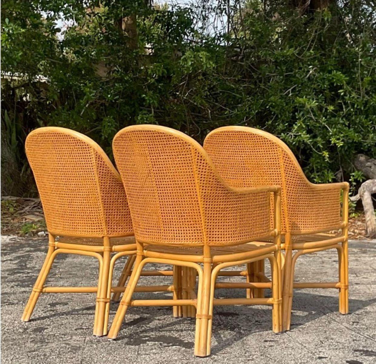 Vintage Coastal Cane Rattan Dining Chairs After McGuire - Set of 4 In Good Condition For Sale In west palm beach, FL