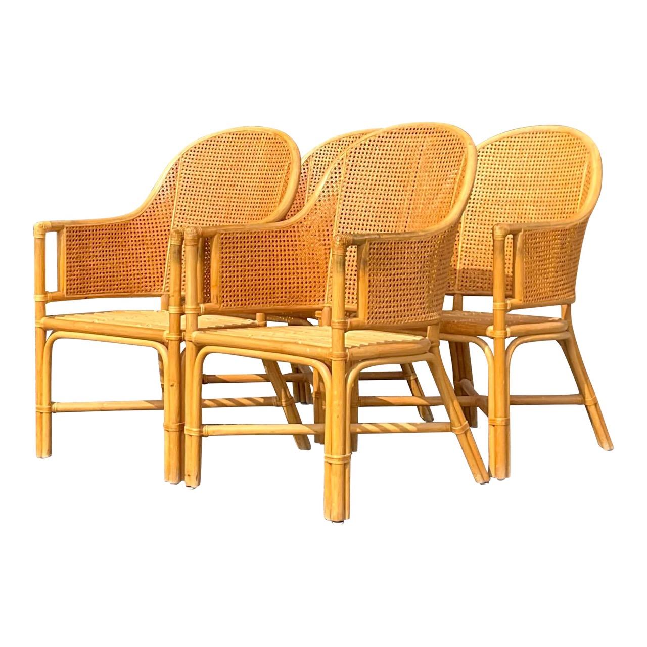 20th Century Vintage Coastal Cane Rattan Dining Chairs After McGuire - Set of 4 For Sale