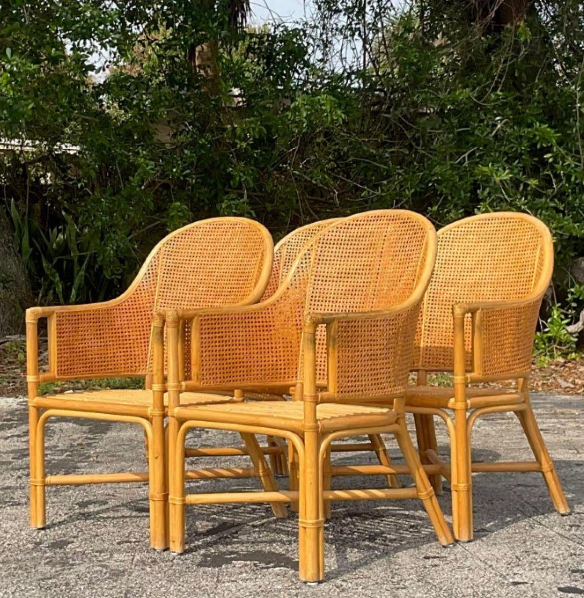 20th Century Vintage Coastal Cane Rattan Dining Chairs After McGuire - Set of 4 For Sale