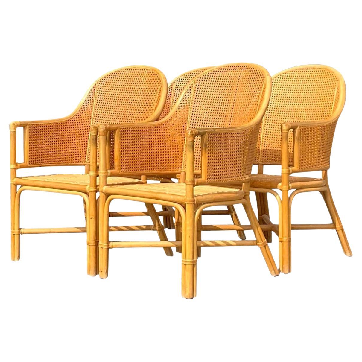 Vintage Coastal Cane Rattan Dining Chairs After McGuire - Set of 4 For Sale