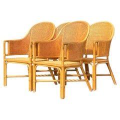 Vintage Coastal Cane Rattan Dining Chairs After McGuire - Set of 4