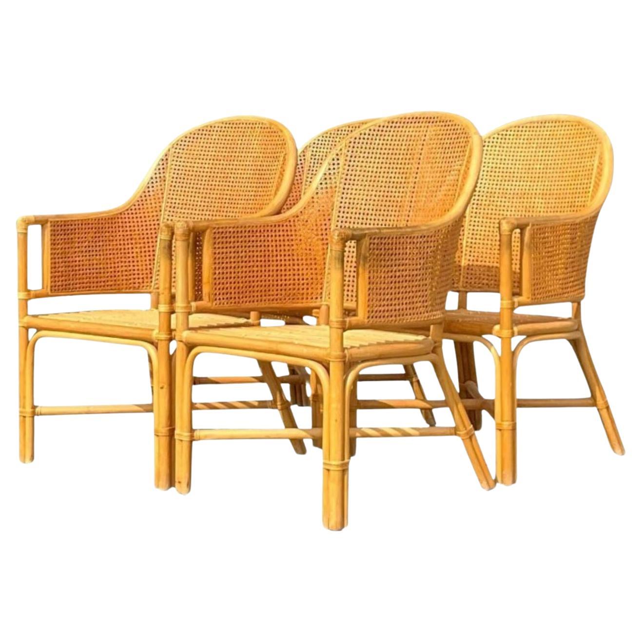 Vintage Coastal Cane Rattan Dining Chairs After McGuire - Set of 4