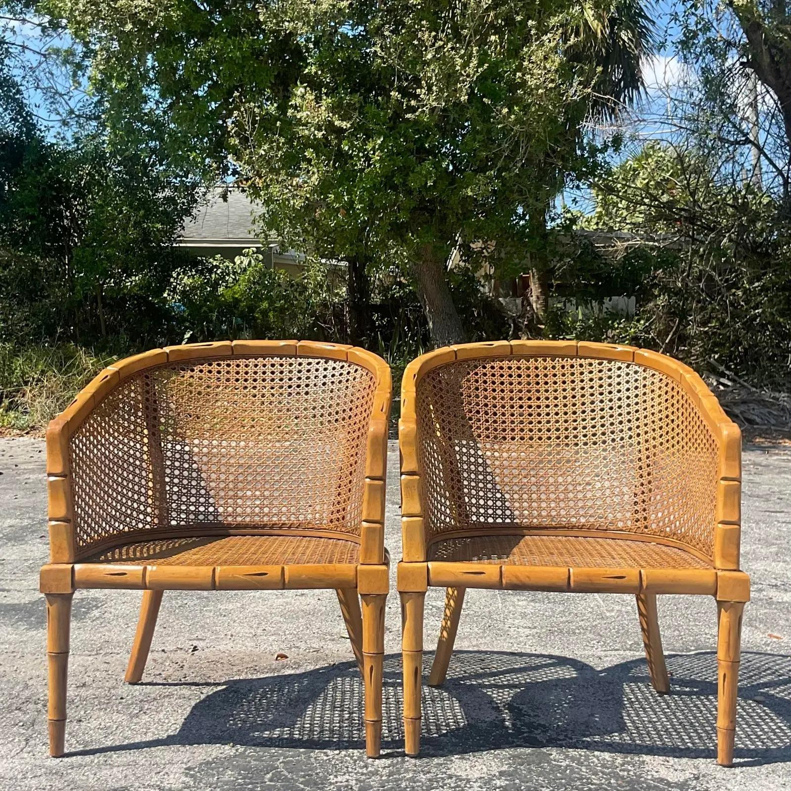 Vintage Coastal Cane Tub Chairs, a Pair In Good Condition In west palm beach, FL