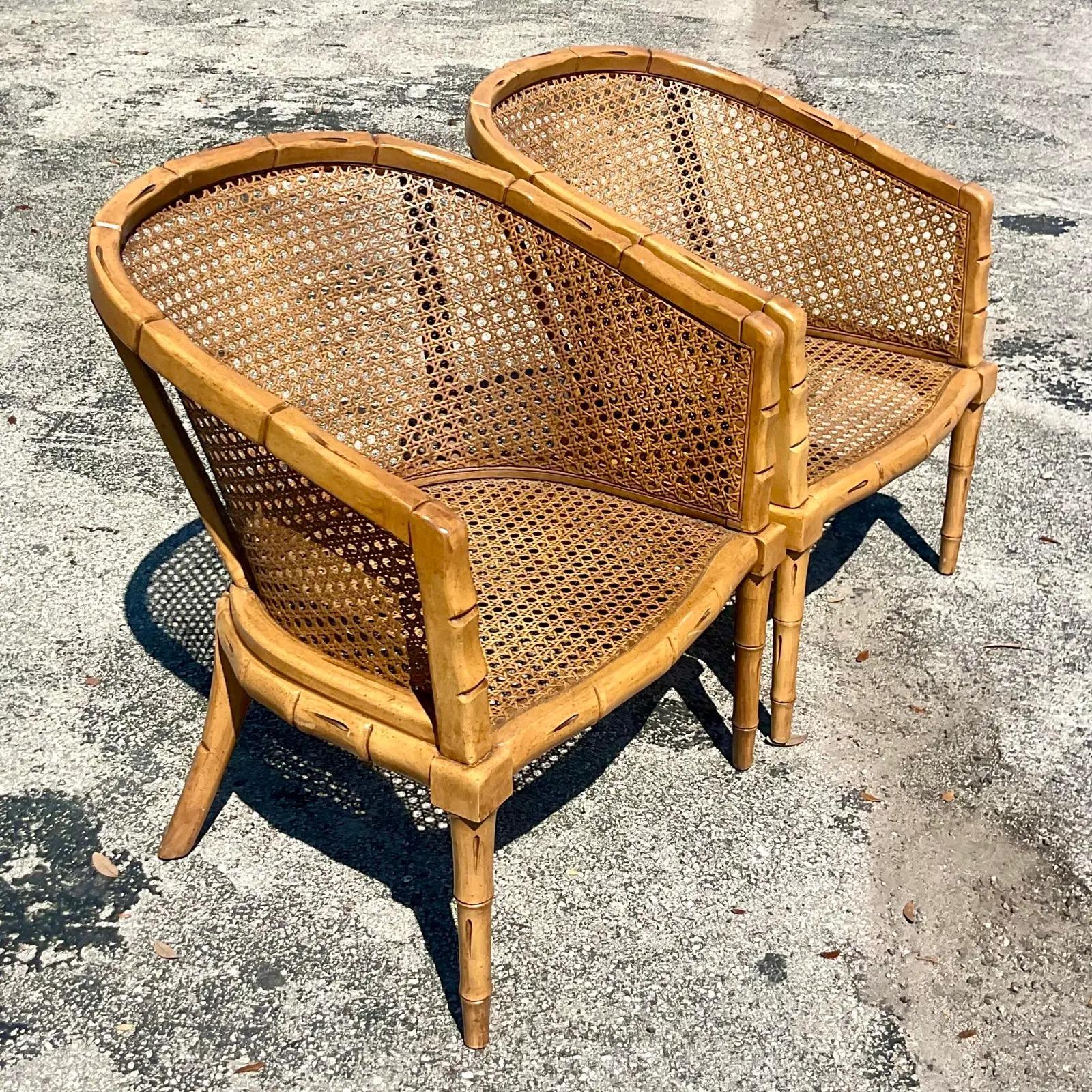 20th Century Vintage Coastal Cane Tub Chairs, a Pair