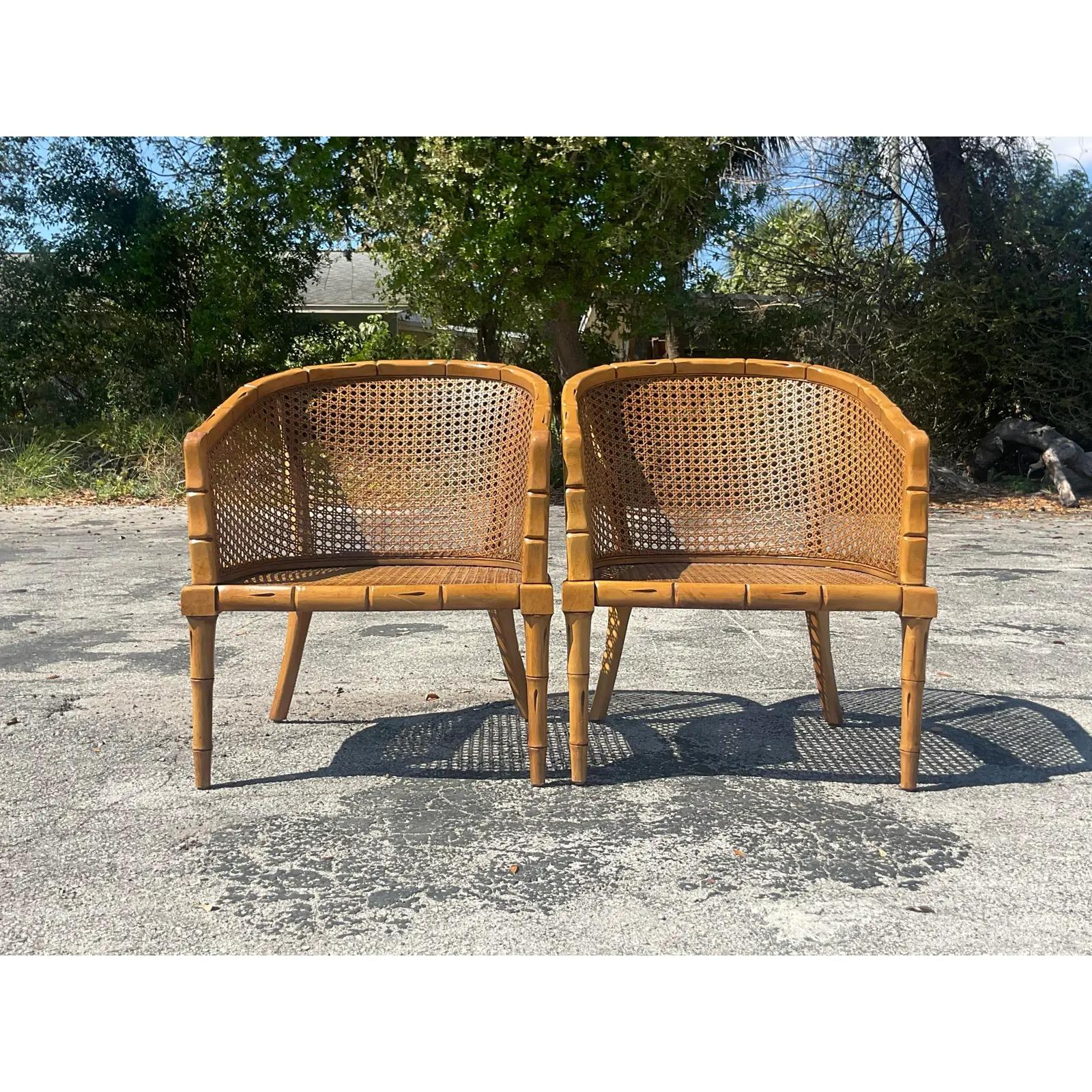 Bamboo Vintage Coastal Cane Tub Chairs, a Pair