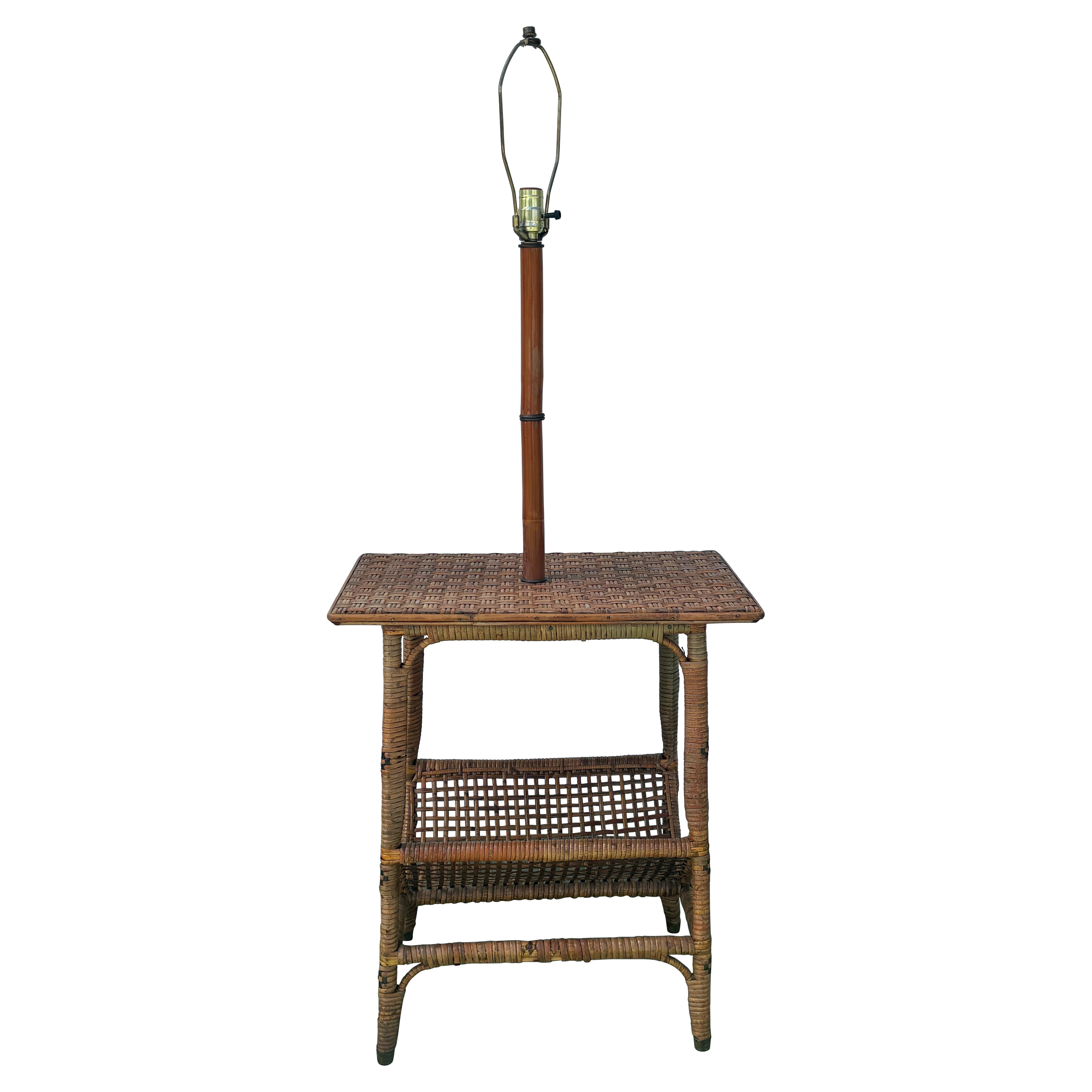 Vintage Coastal Cane Wrapped Floor Lamp with Table and Magazine Rack