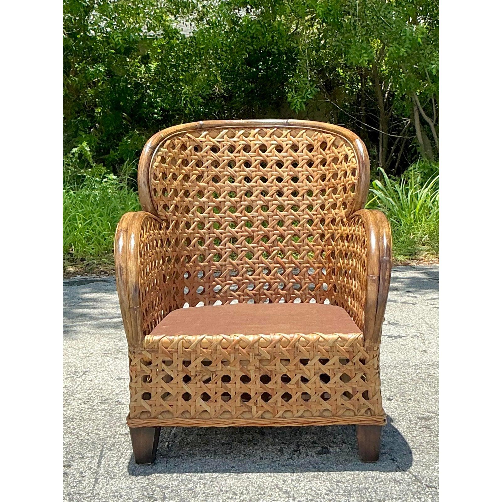Hollywood Regency Vintage Coastal Caning Lounge Chair For Sale