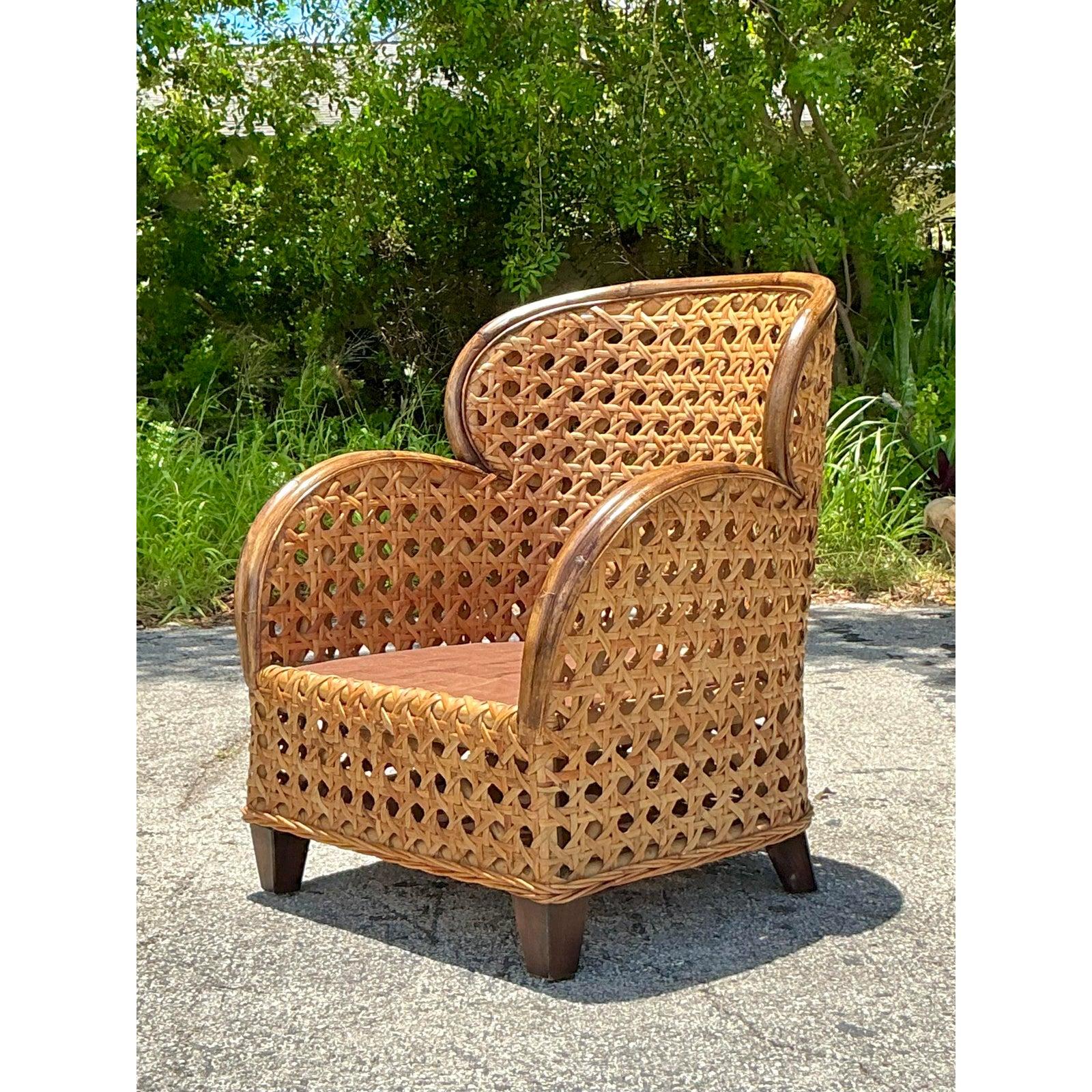 Vintage Coastal Caning Lounge Chair In Good Condition For Sale In West Palm Beach, FL