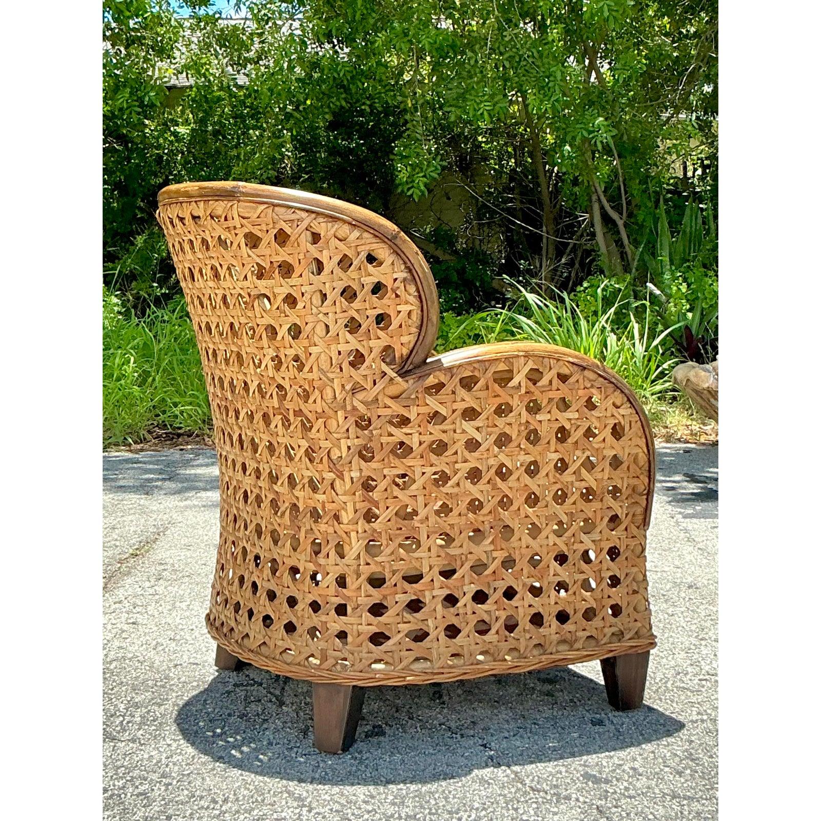 20th Century Vintage Coastal Caning Lounge Chair For Sale