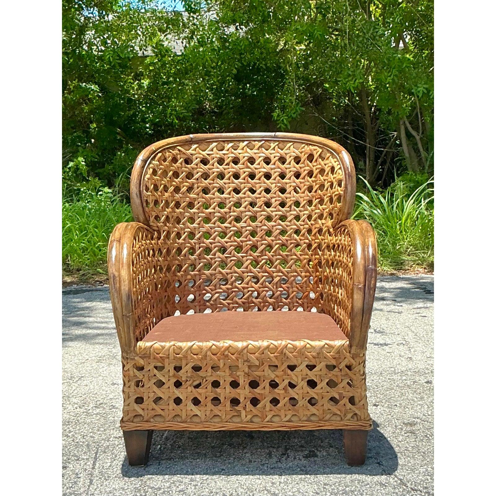 Bamboo Vintage Coastal Caning Lounge Chair For Sale