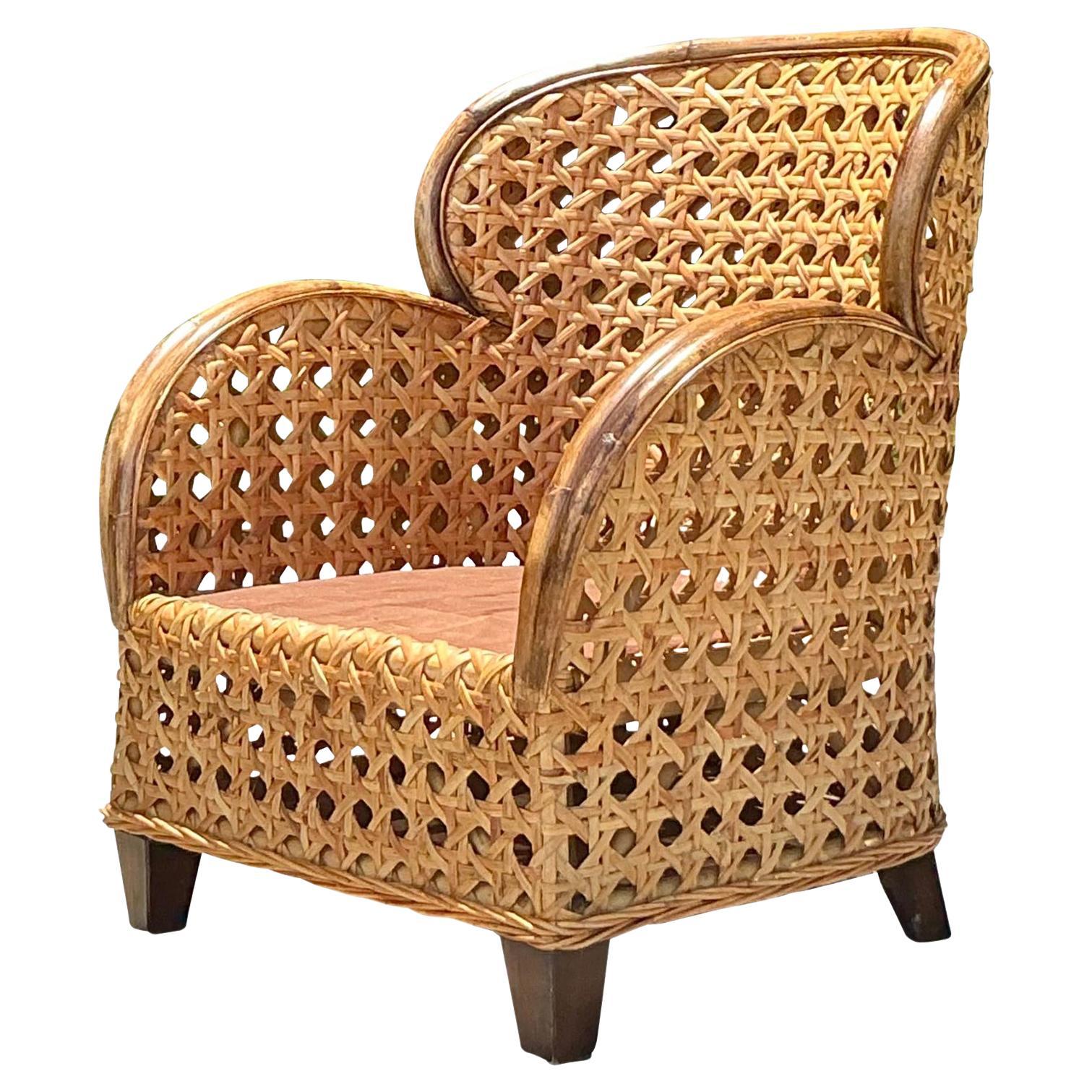 Vintage Coastal Caning Lounge Chair For Sale