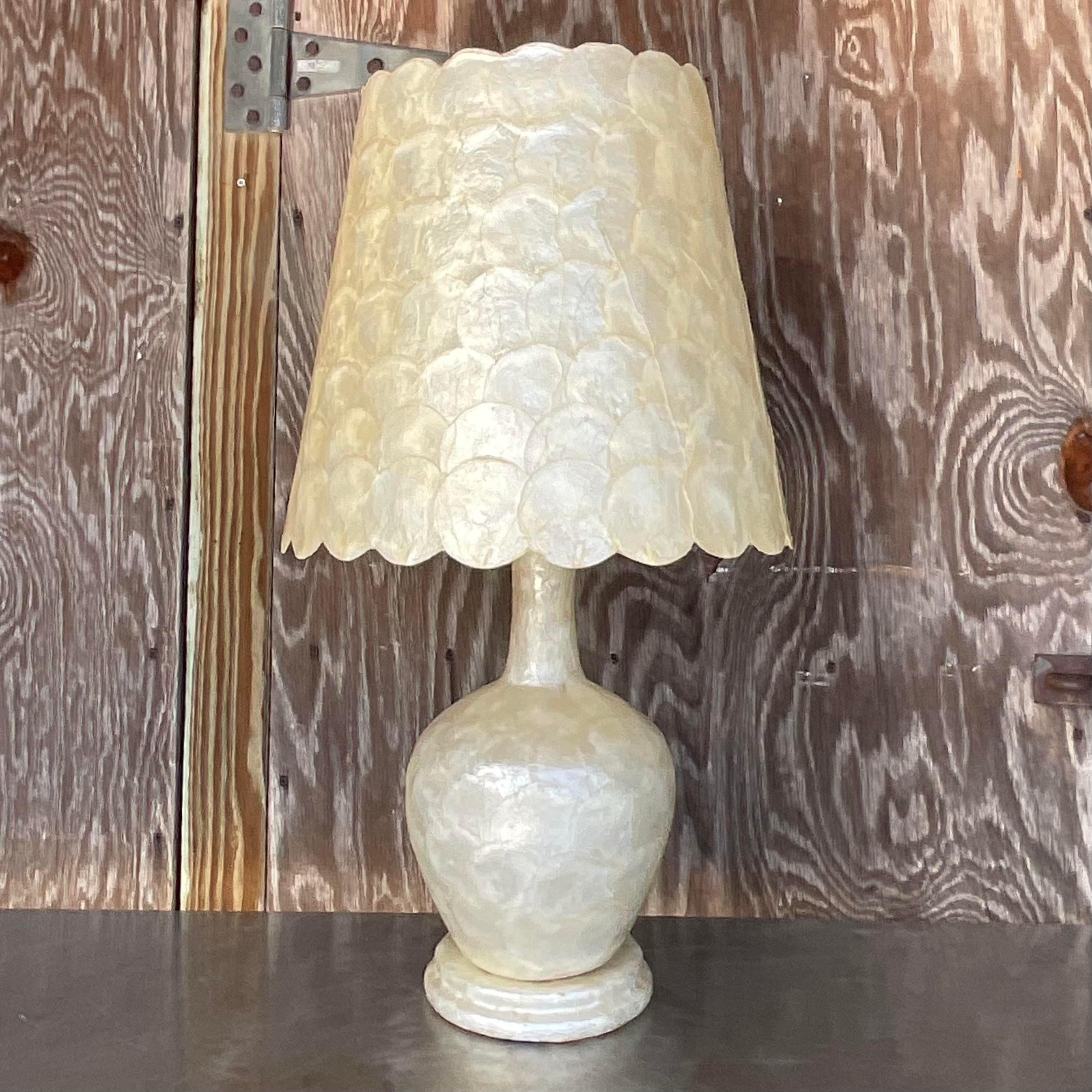 American Vintage Coastal Capiz Shell Gourd Lamp With Coordinating Shade