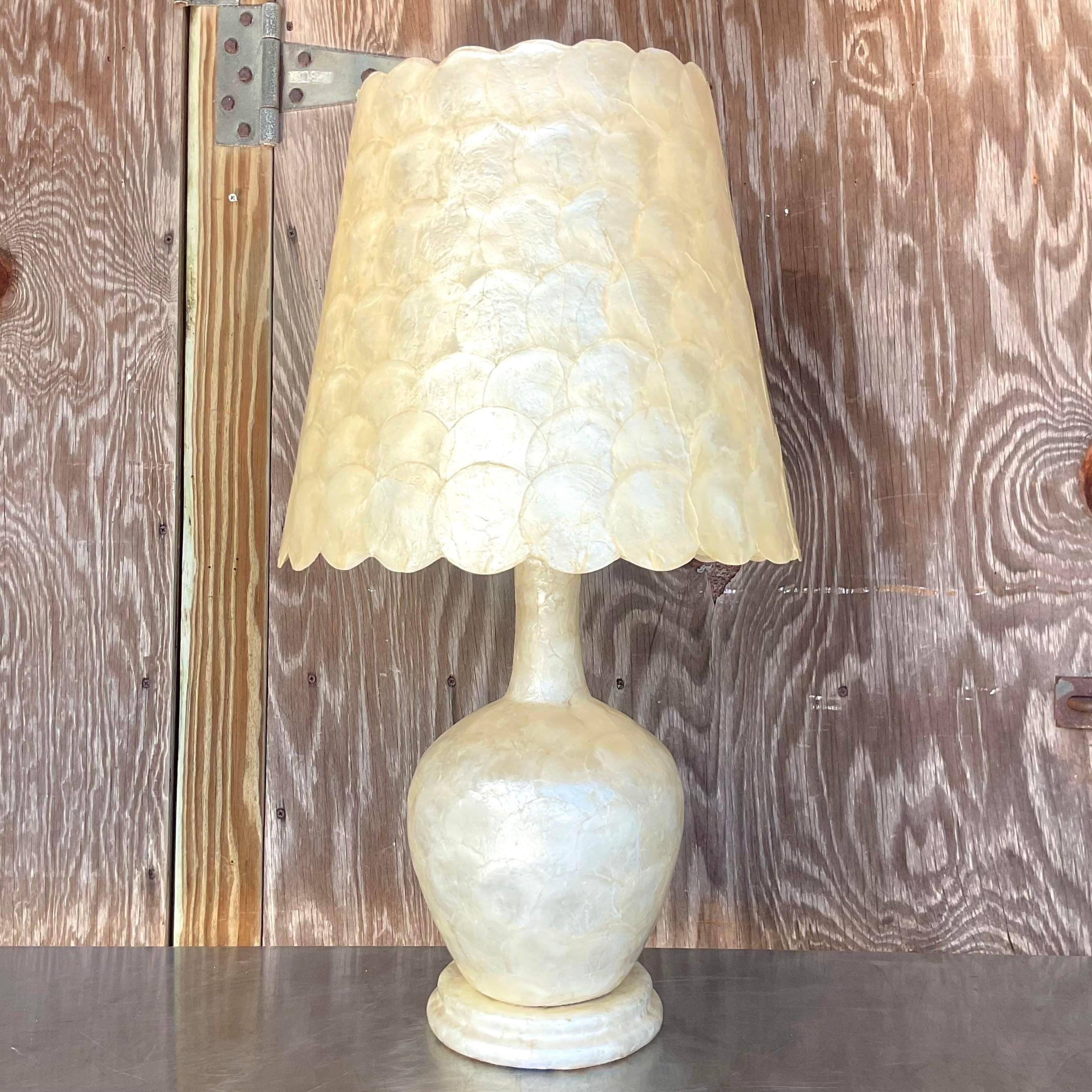 Vintage Coastal Capiz Shell Gourd Lamp With Coordinating Shade In Good Condition In west palm beach, FL