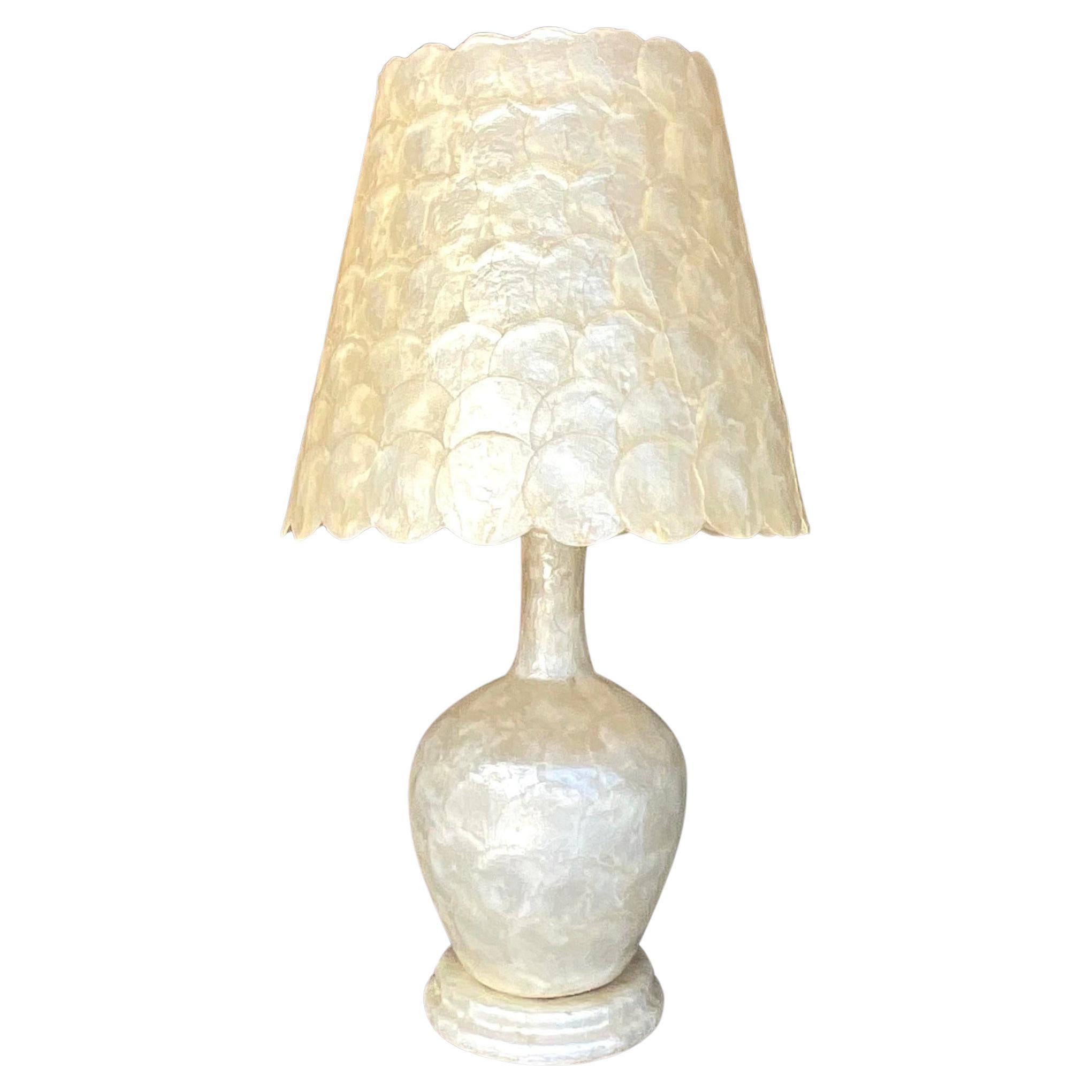 Vintage Coastal Capiz Shell Gourd Lamp With Coordinating Shade