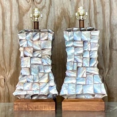 Vintage Coastal Capiz Tile Table Lamps - a Pair