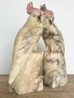 Vintage Coastal Carved Alabaster Cockatoos, a Pair