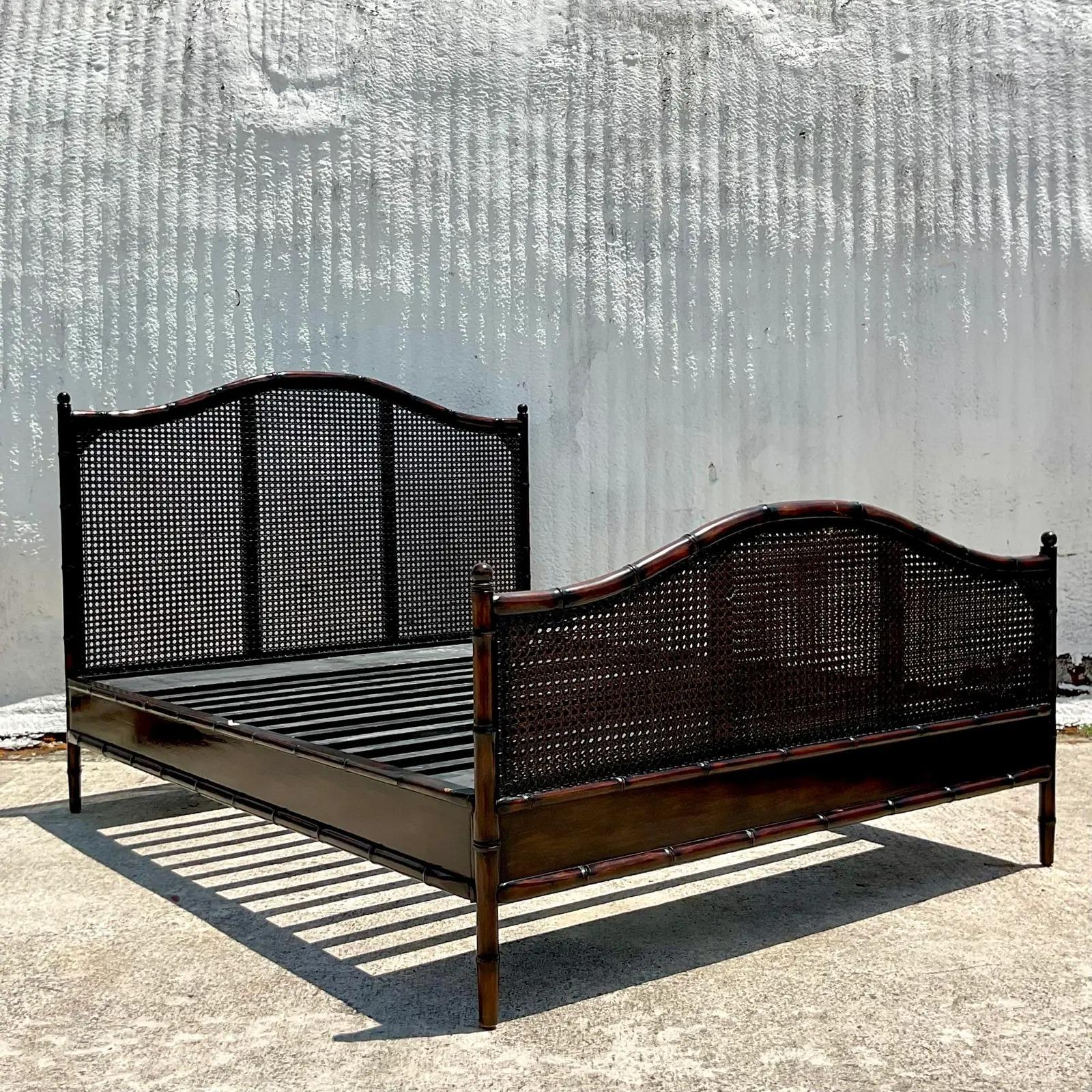Vintage Coastal Carved Bamboo and Cane Queen Bed Frame 5