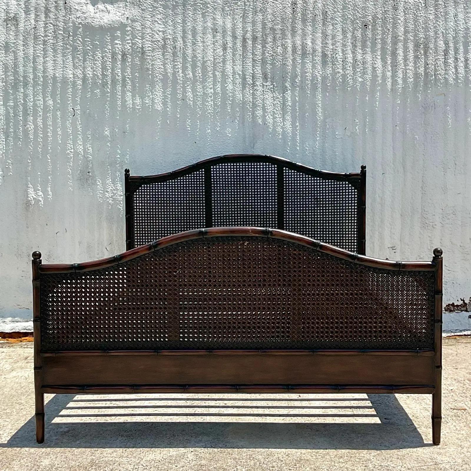 20th Century Vintage Coastal Carved Bamboo and Cane Queen Bed Frame
