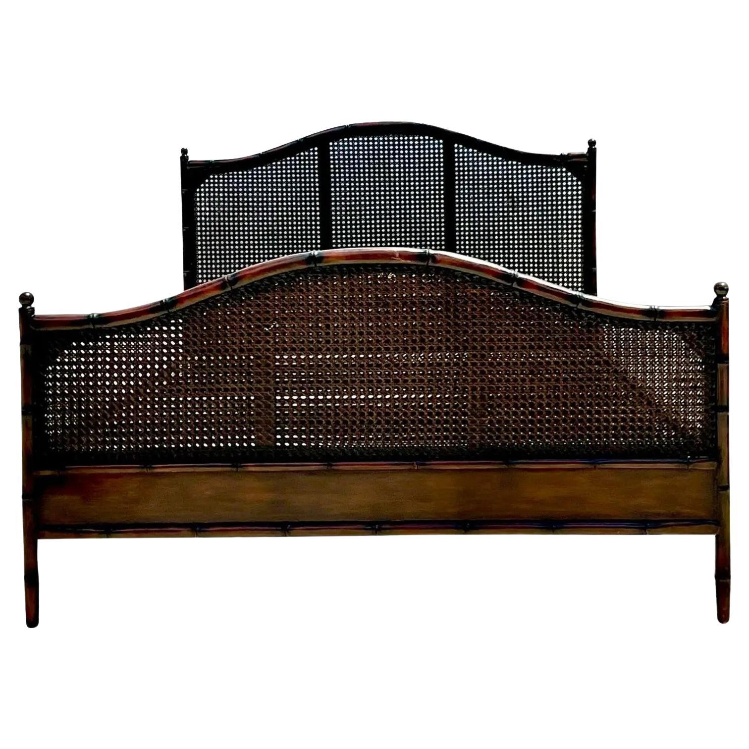 Vintage Coastal Carved Bamboo and Cane Queen Bed Frame